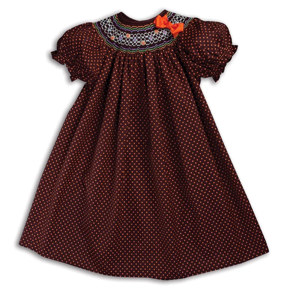 Orange Polkadot Brown English Smocked Bishop with Removable Bow