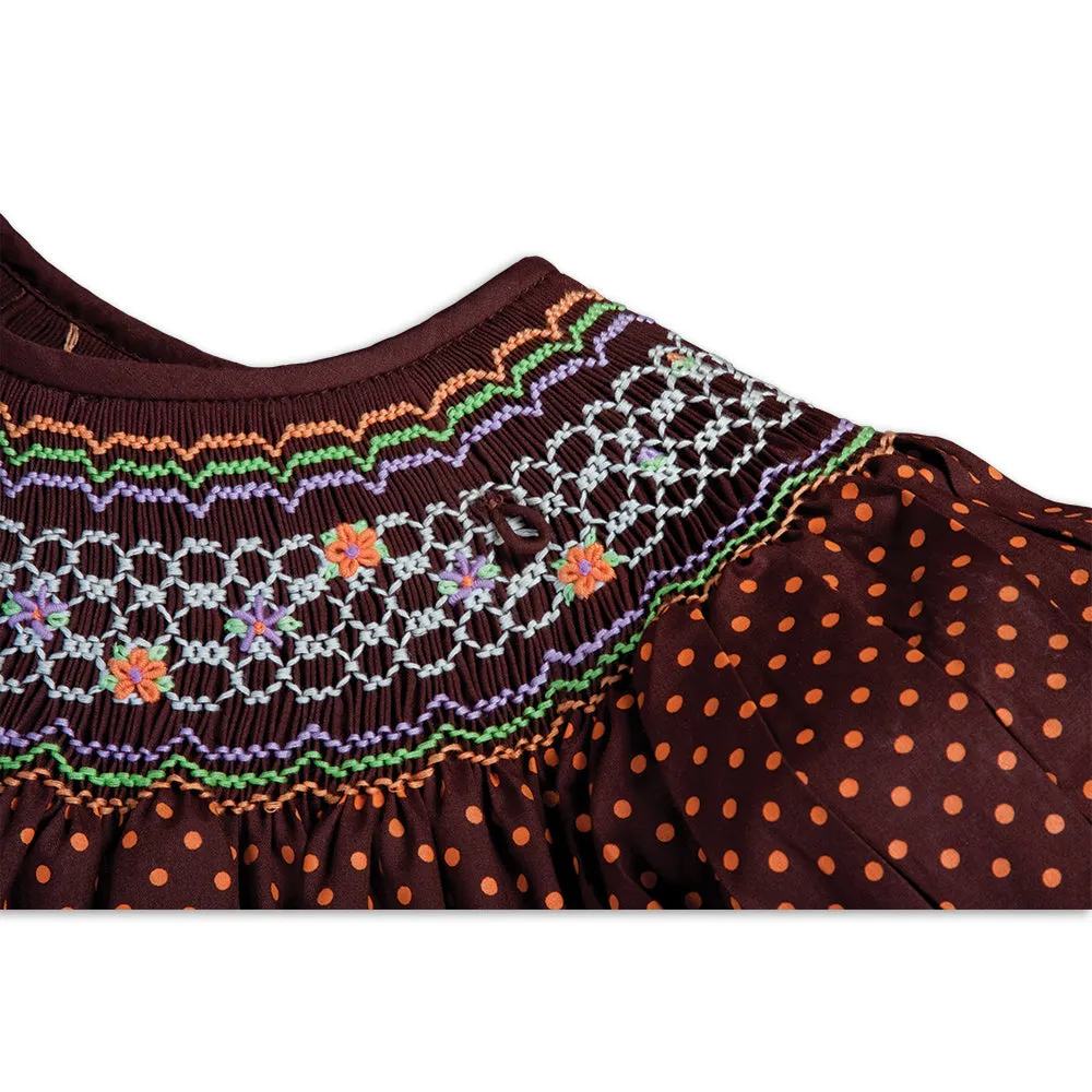 Orange Polkadot Brown English Smocked Bishop with Removable Bow