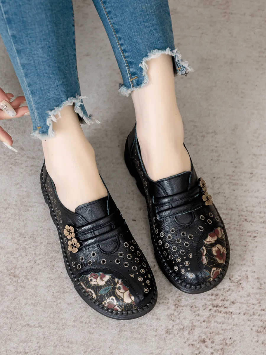 Perforated Upper Floral Embossed Leather Loafer - Black