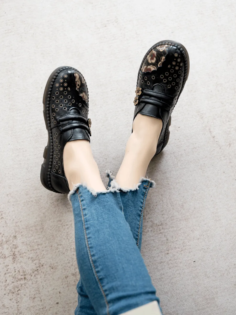 Perforated Upper Floral Embossed Leather Loafer - Black