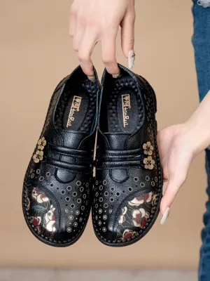 Perforated Upper Floral Embossed Leather Loafer - Black