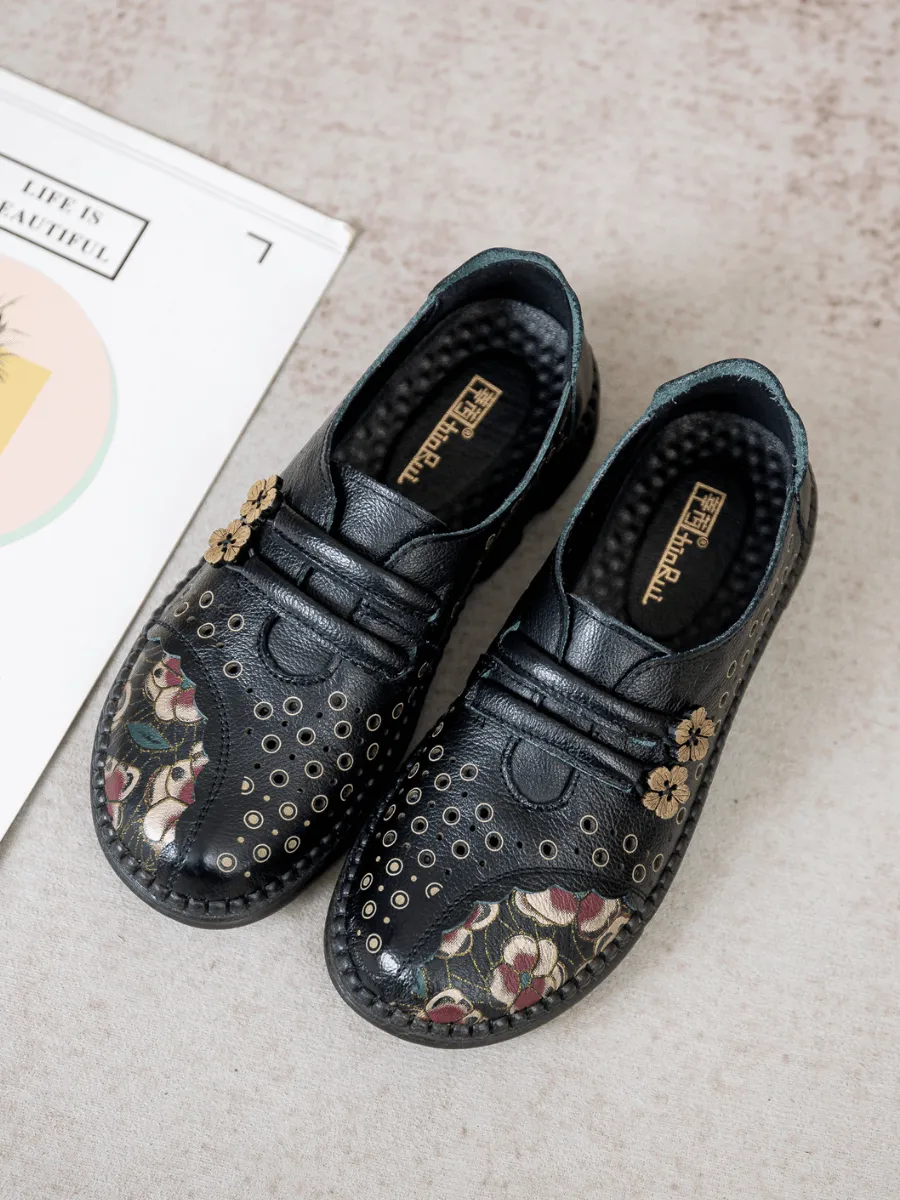 Perforated Upper Floral Embossed Leather Loafer - Black