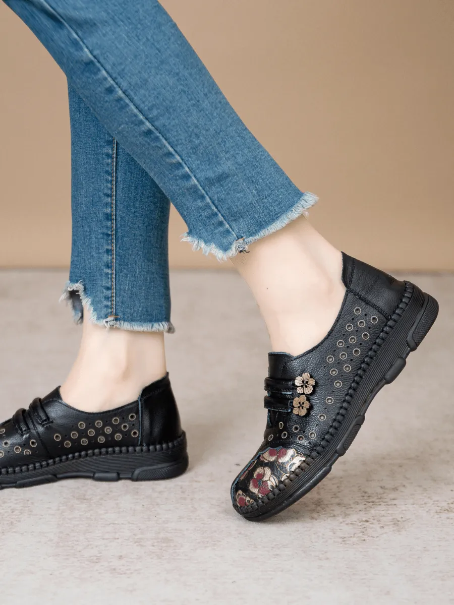 Perforated Upper Floral Embossed Leather Loafer - Black