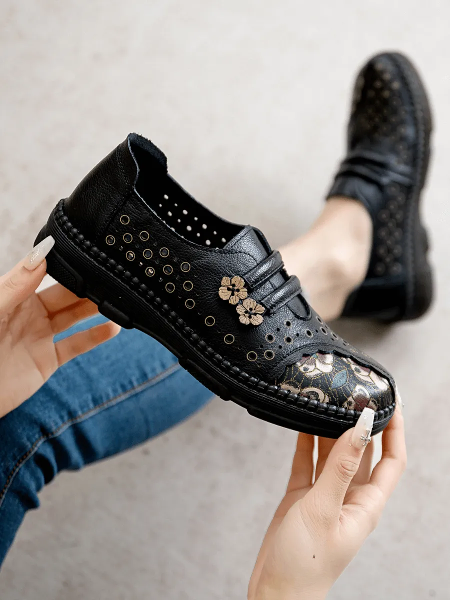 Perforated Upper Floral Embossed Leather Loafer - Black