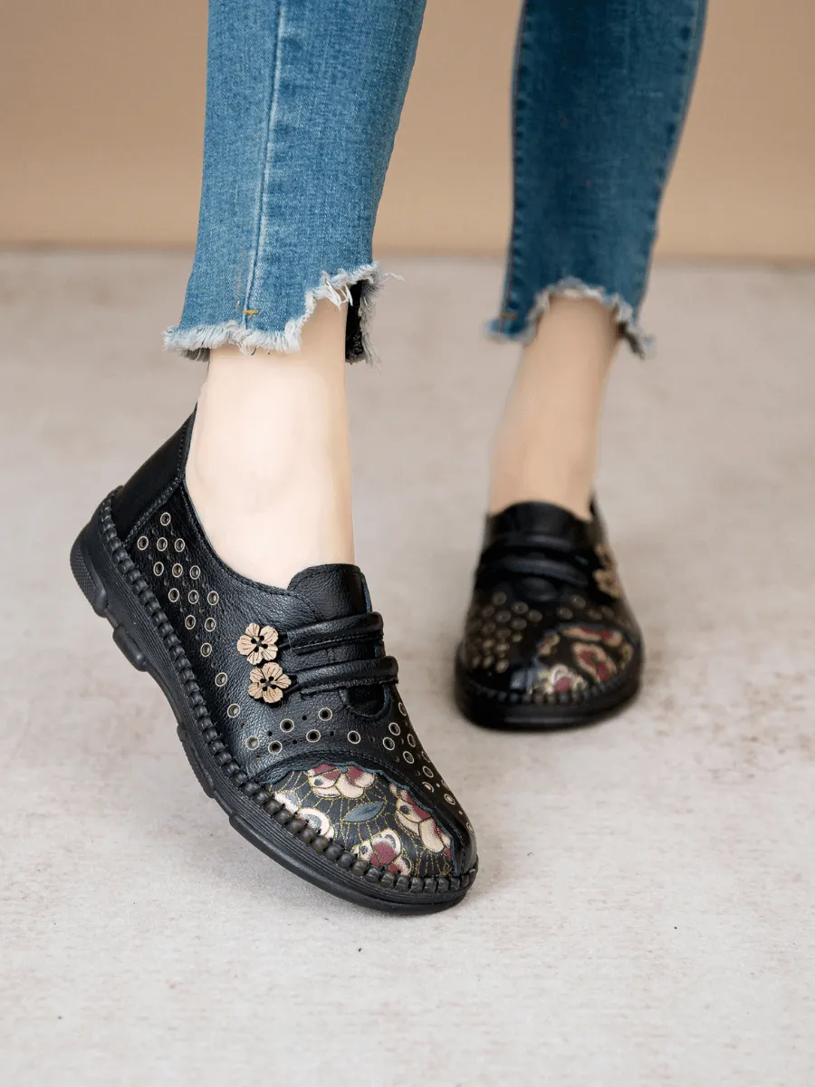 Perforated Upper Floral Embossed Leather Loafer - Black