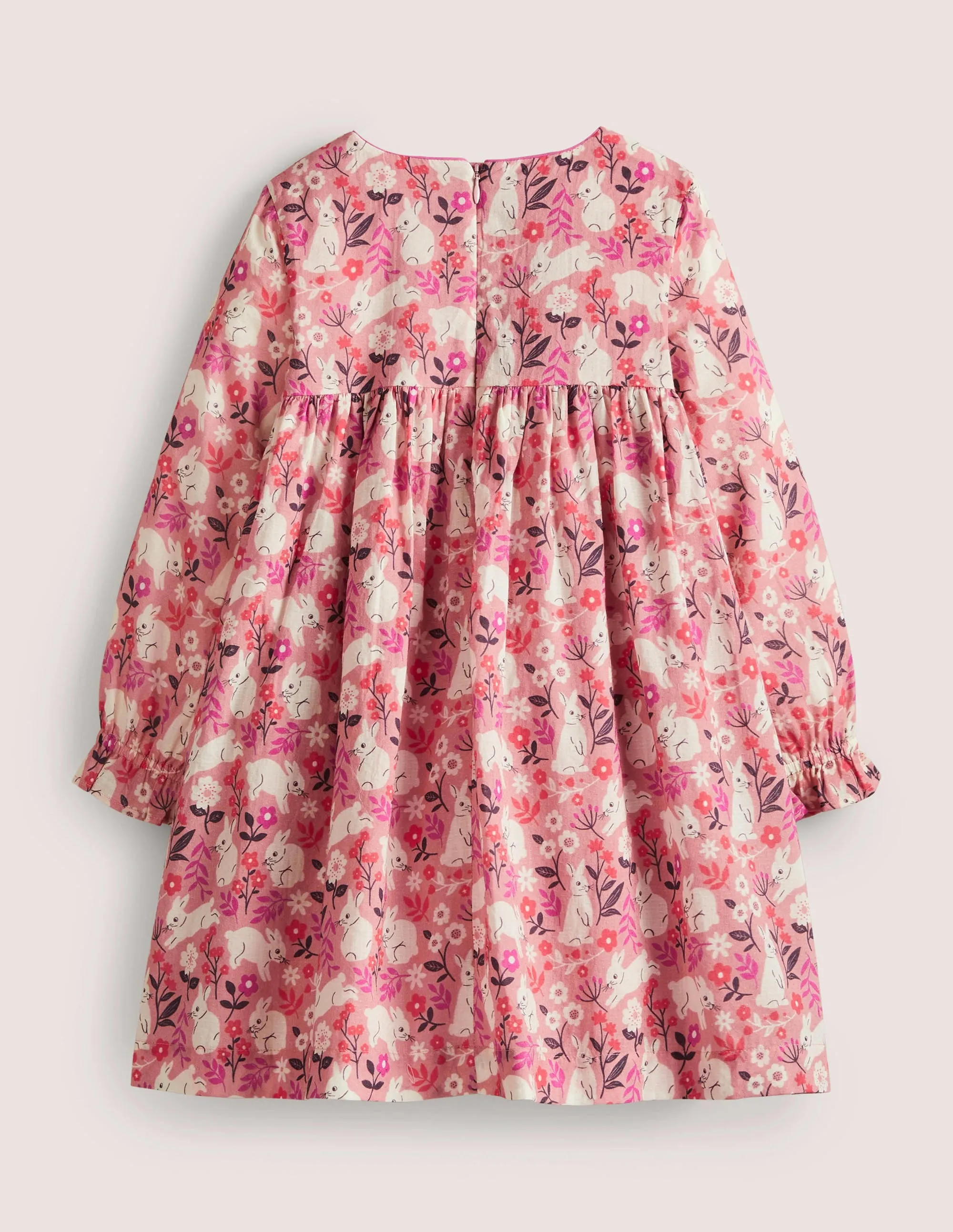 Pink Bunny Print Long-sleeved Smock Dress-Formica Pink Bunny Field