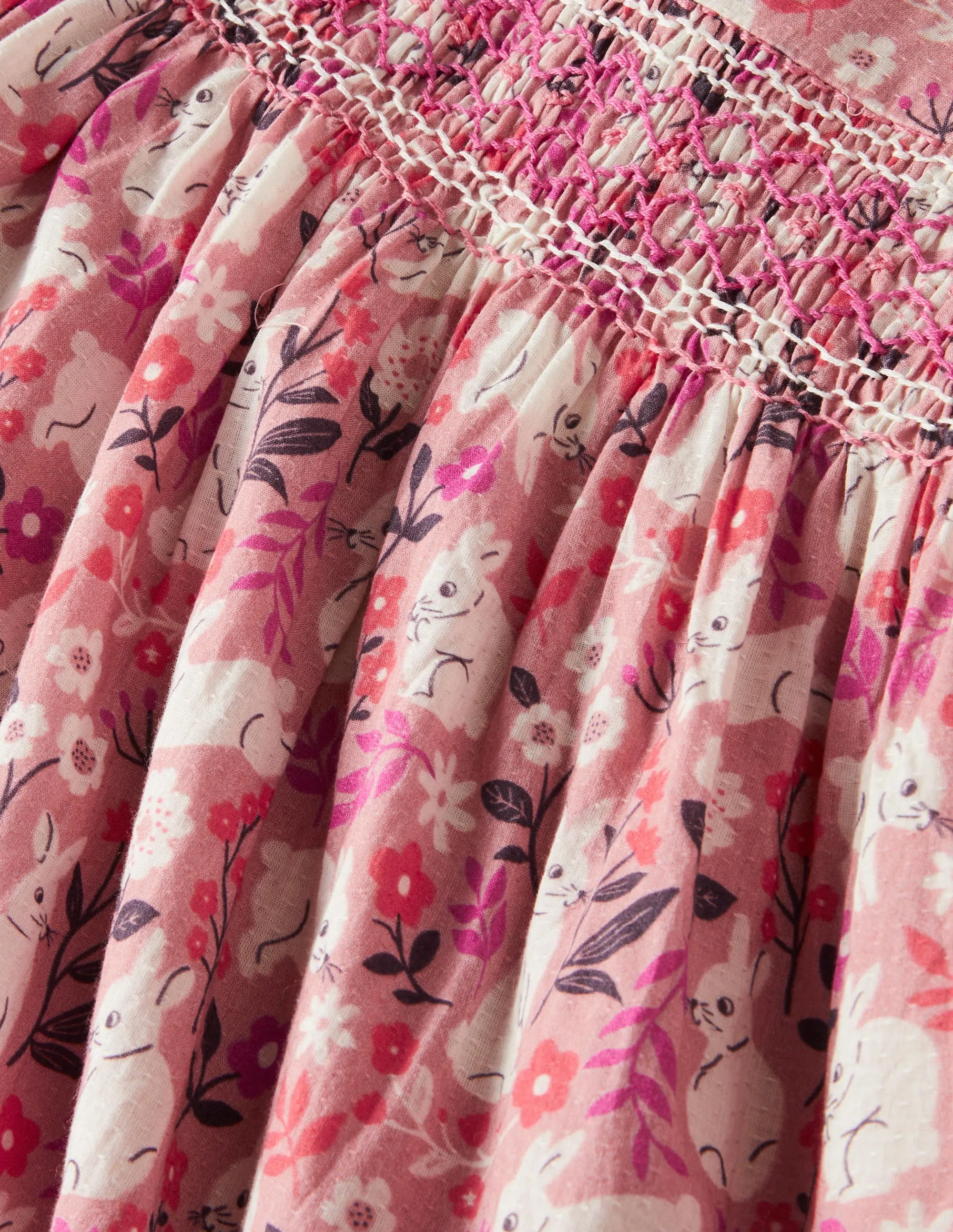 Pink Bunny Print Long-sleeved Smock Dress-Formica Pink Bunny Field