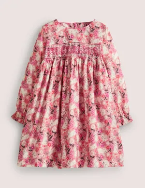 Pink Bunny Print Long-sleeved Smock Dress-Formica Pink Bunny Field