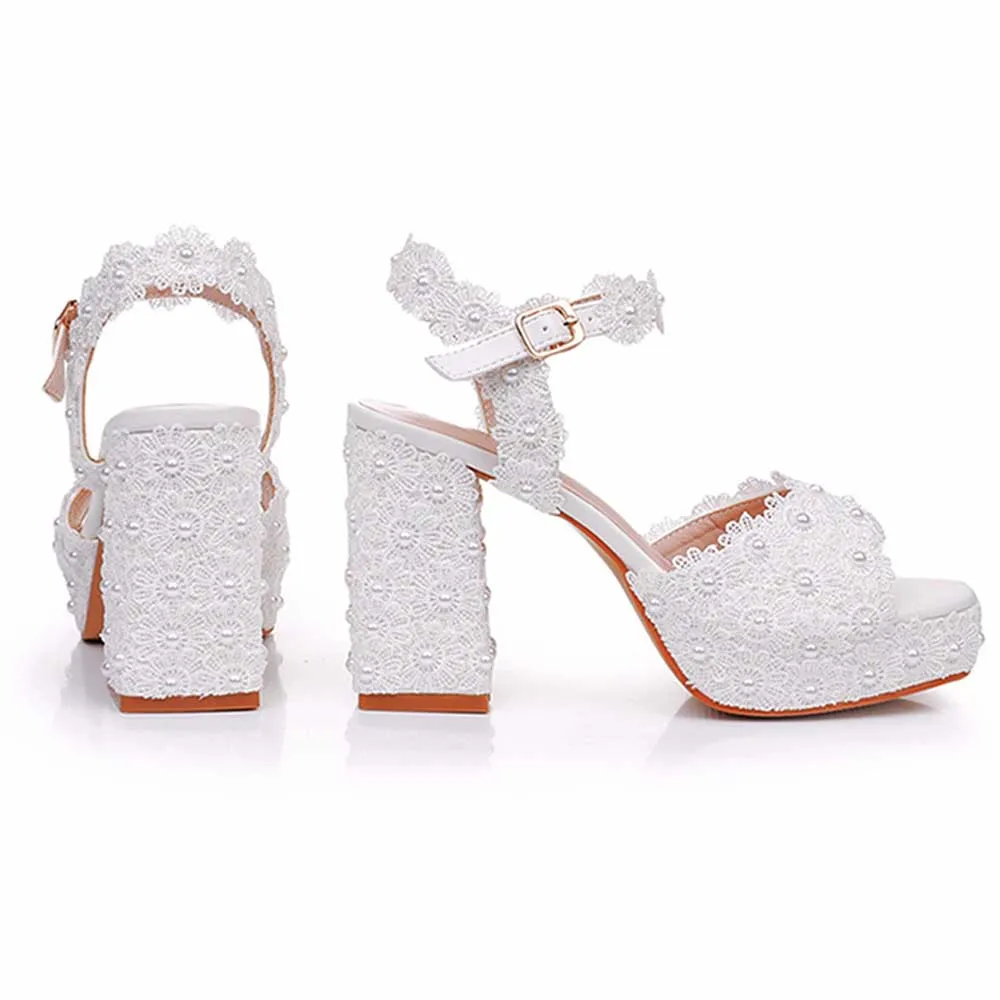 Platform Wedding Shoes Flower Appliqued Block Heeled Bridal Shoes Prom Heels