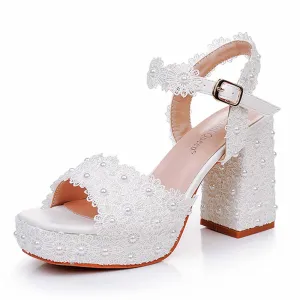 Platform Wedding Shoes Flower Appliqued Block Heeled Bridal Shoes Prom Heels
