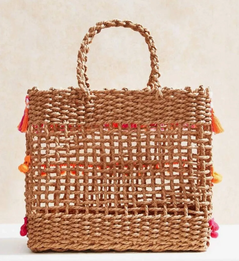 Pom Pom &Tassel Decor Straw Bag, Woven