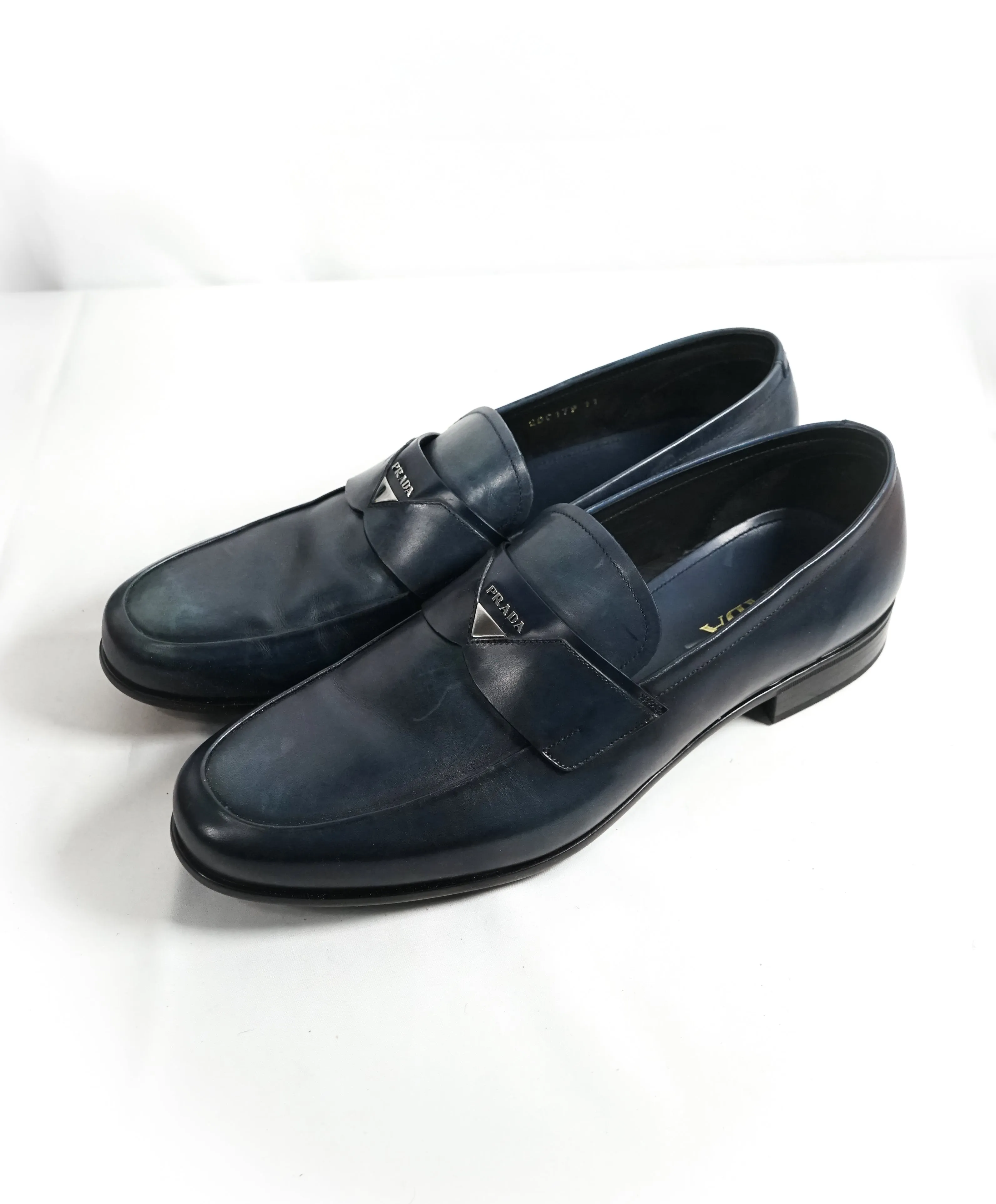 PRADA - Blue Round Toe Loafers With Logo Plaque Strap - 12