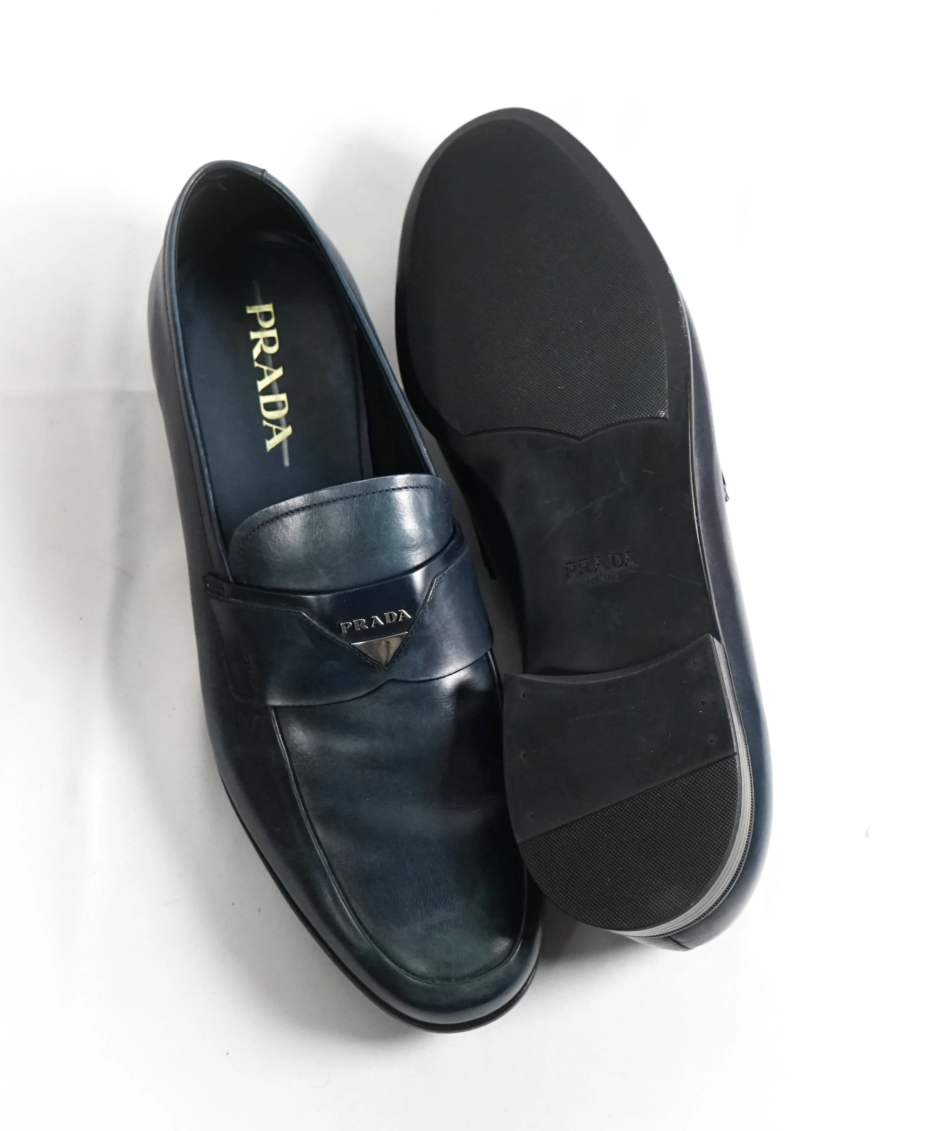 PRADA - Blue Round Toe Loafers With Logo Plaque Strap - 12