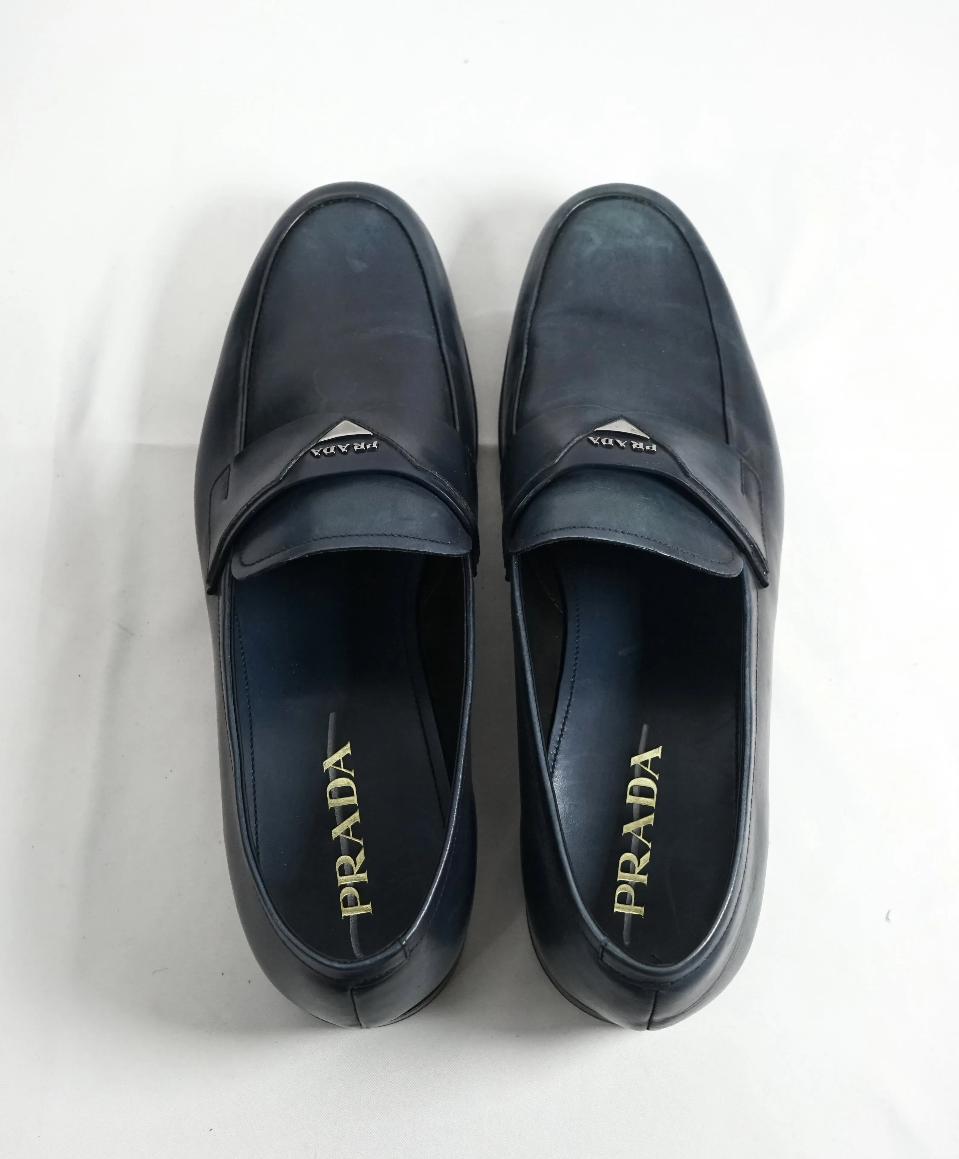 PRADA - Blue Round Toe Loafers With Logo Plaque Strap - 12