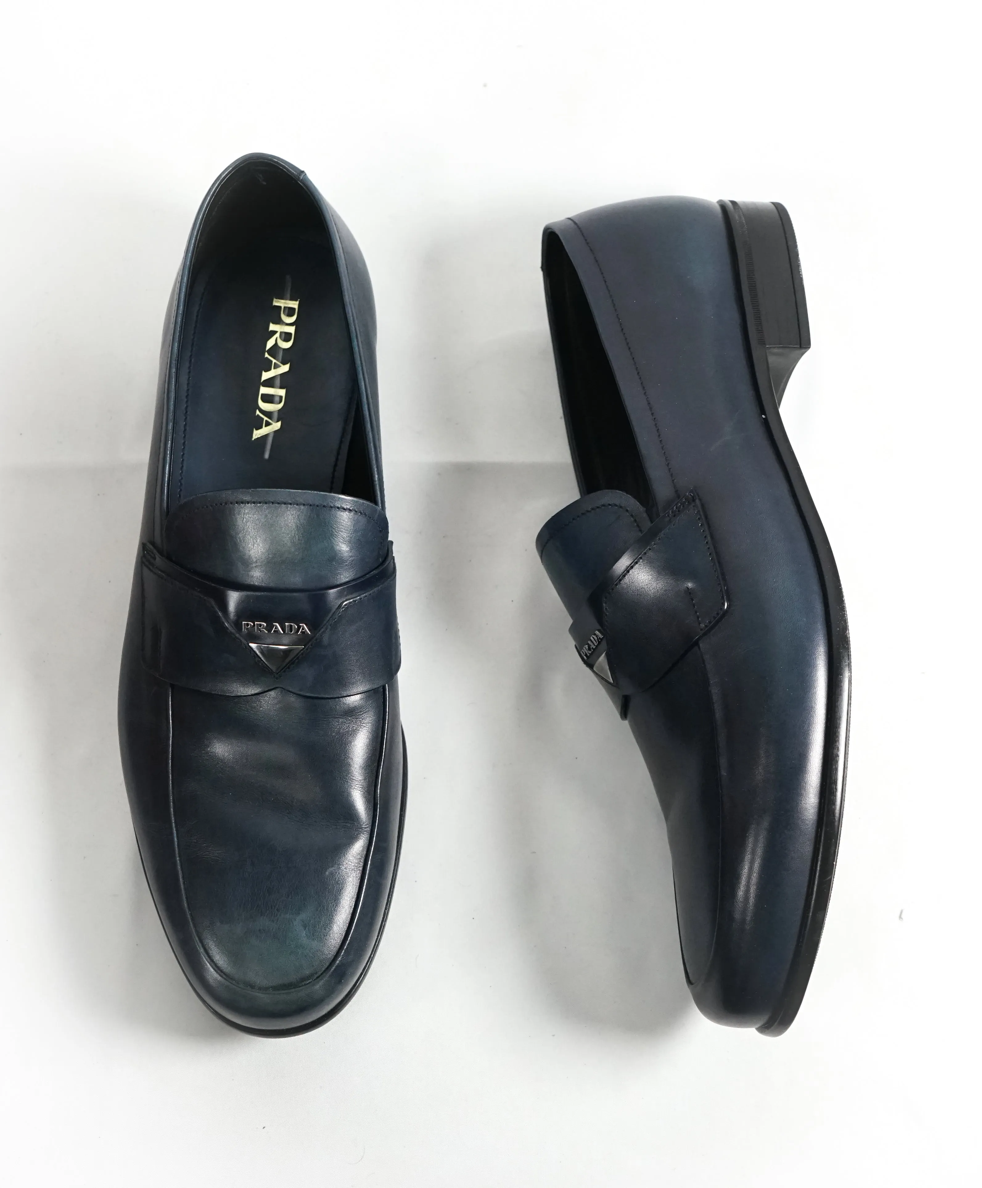 PRADA - Blue Round Toe Loafers With Logo Plaque Strap - 12