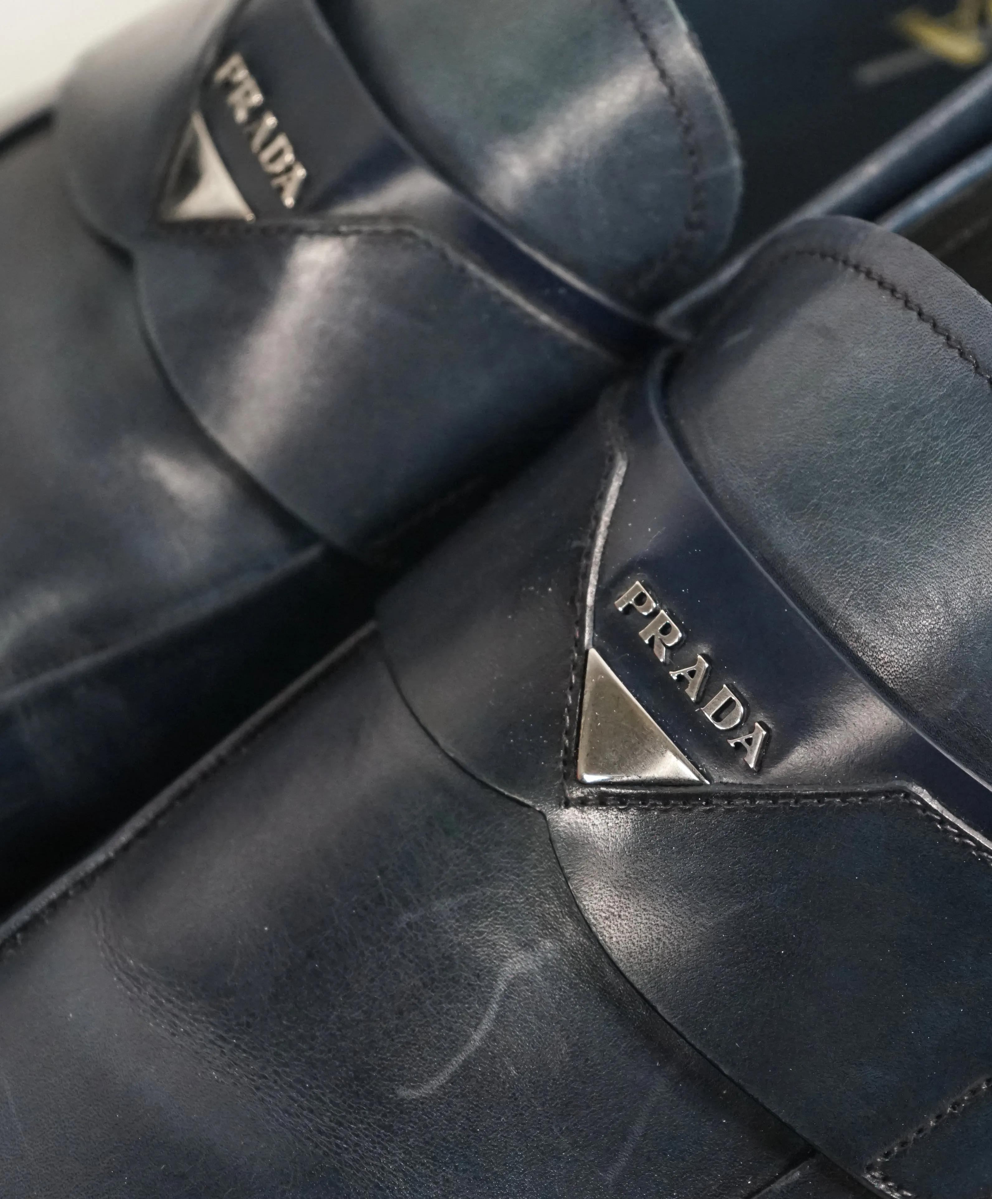 PRADA - Blue Round Toe Loafers With Logo Plaque Strap - 12