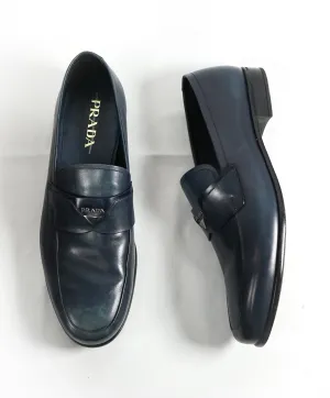 PRADA - Blue Round Toe Loafers With Logo Plaque Strap - 12