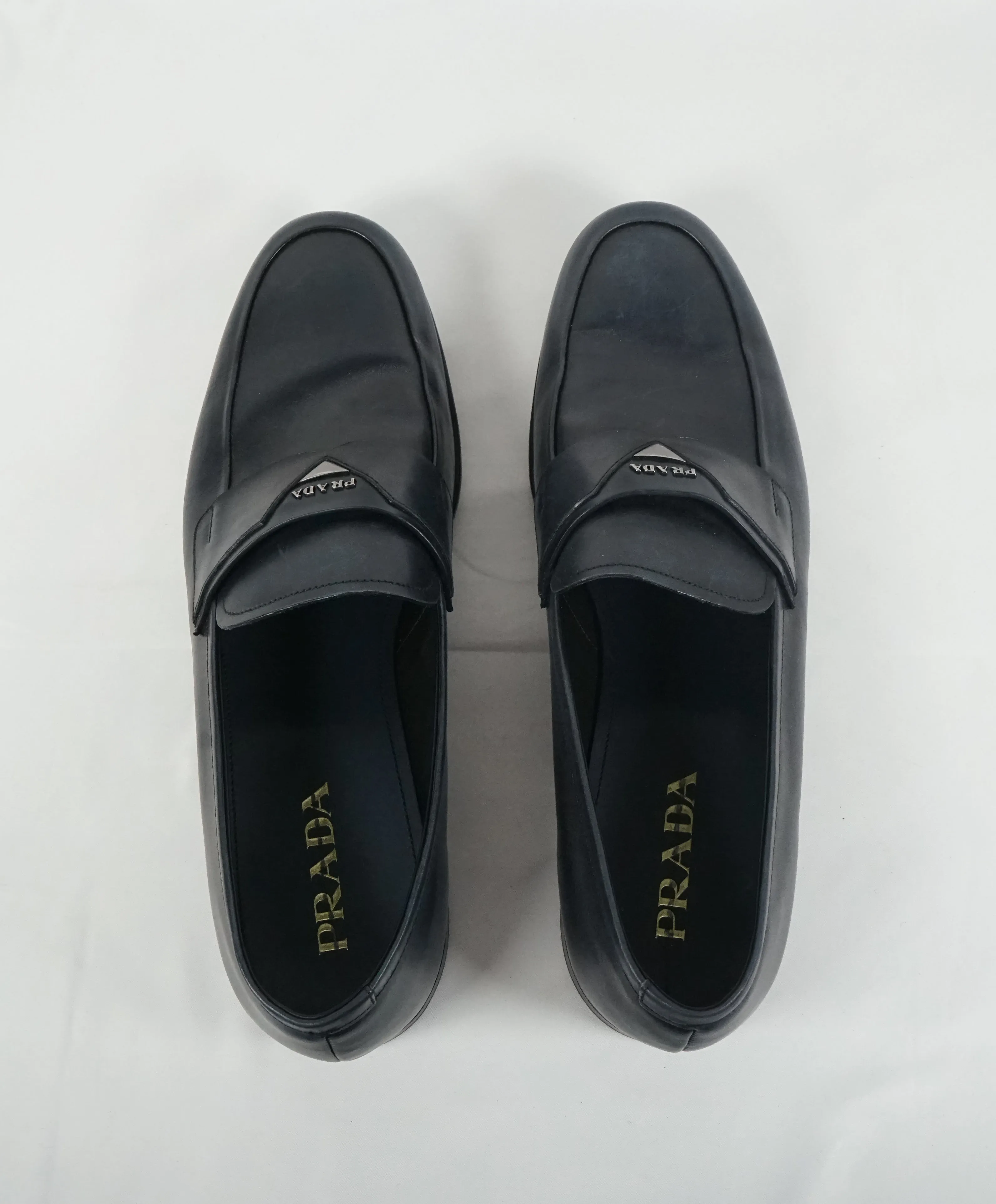 PRADA - Blue Round Toe Loafers With Logo Plaque Strap - 13