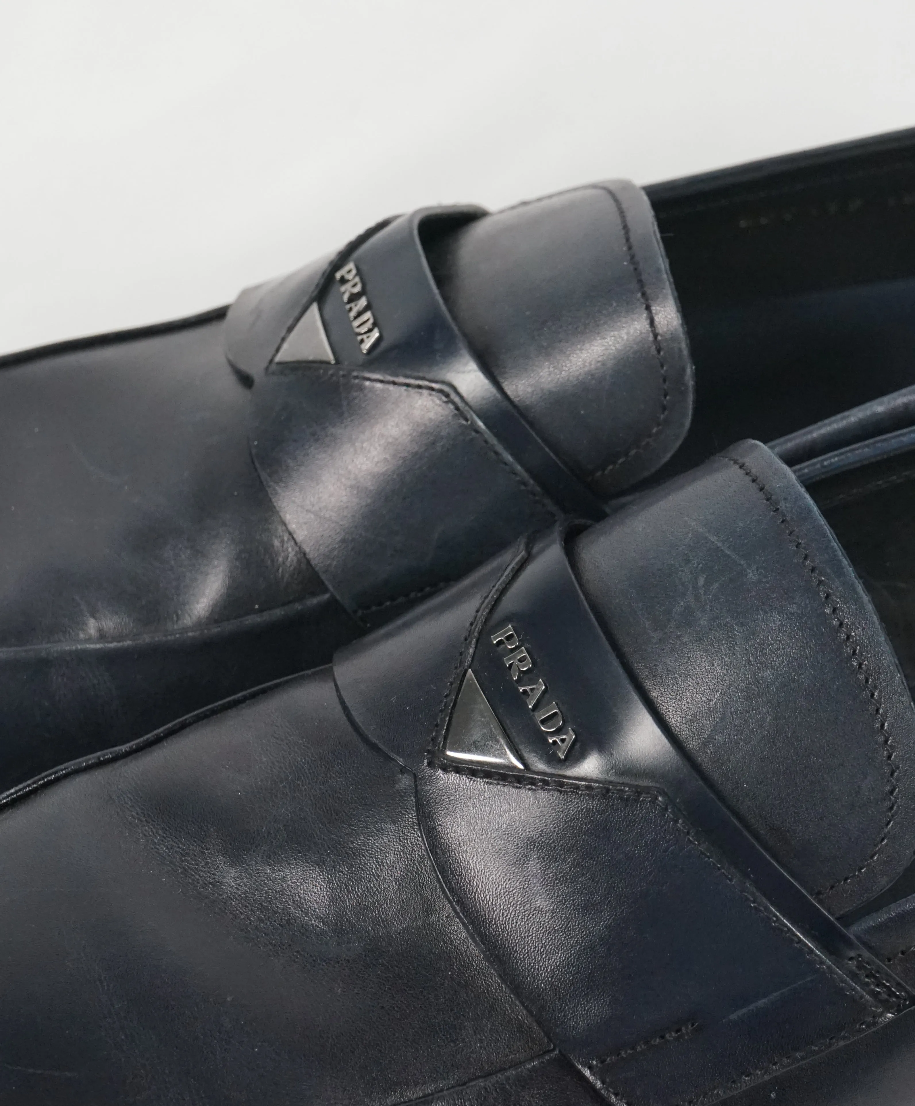 PRADA - Blue Round Toe Loafers With Logo Plaque Strap - 13