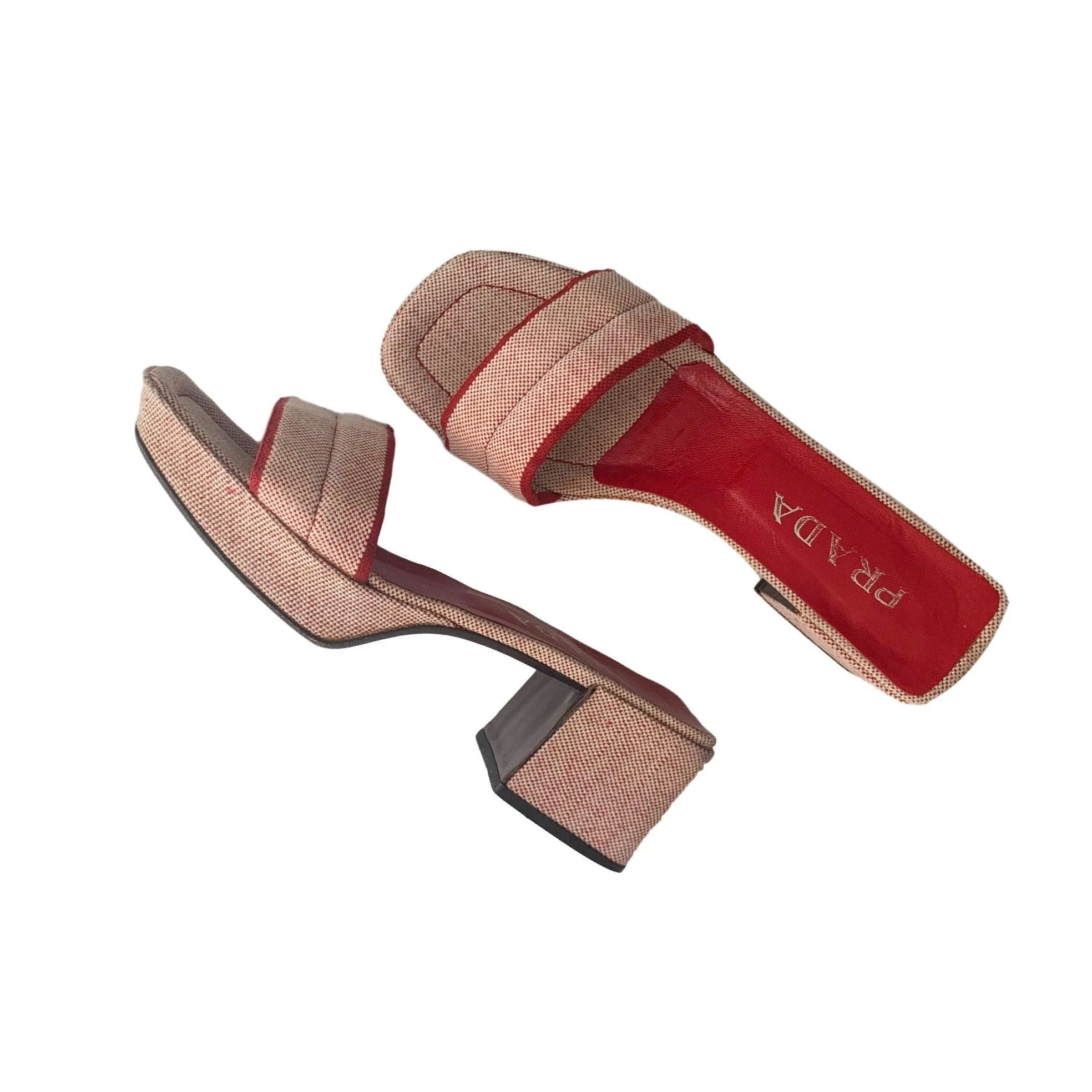 Prada Red Canvas Logo Block Heels