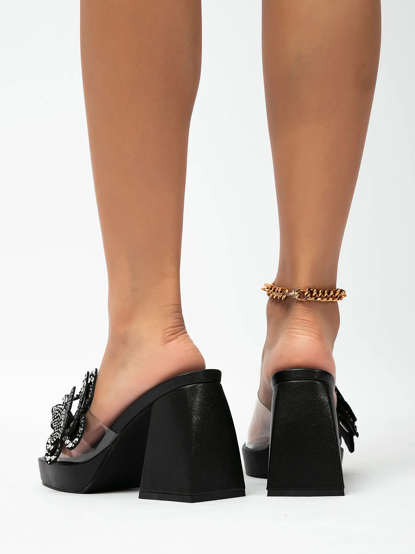 Rhinestone Bow Thick-Heeled High Heels