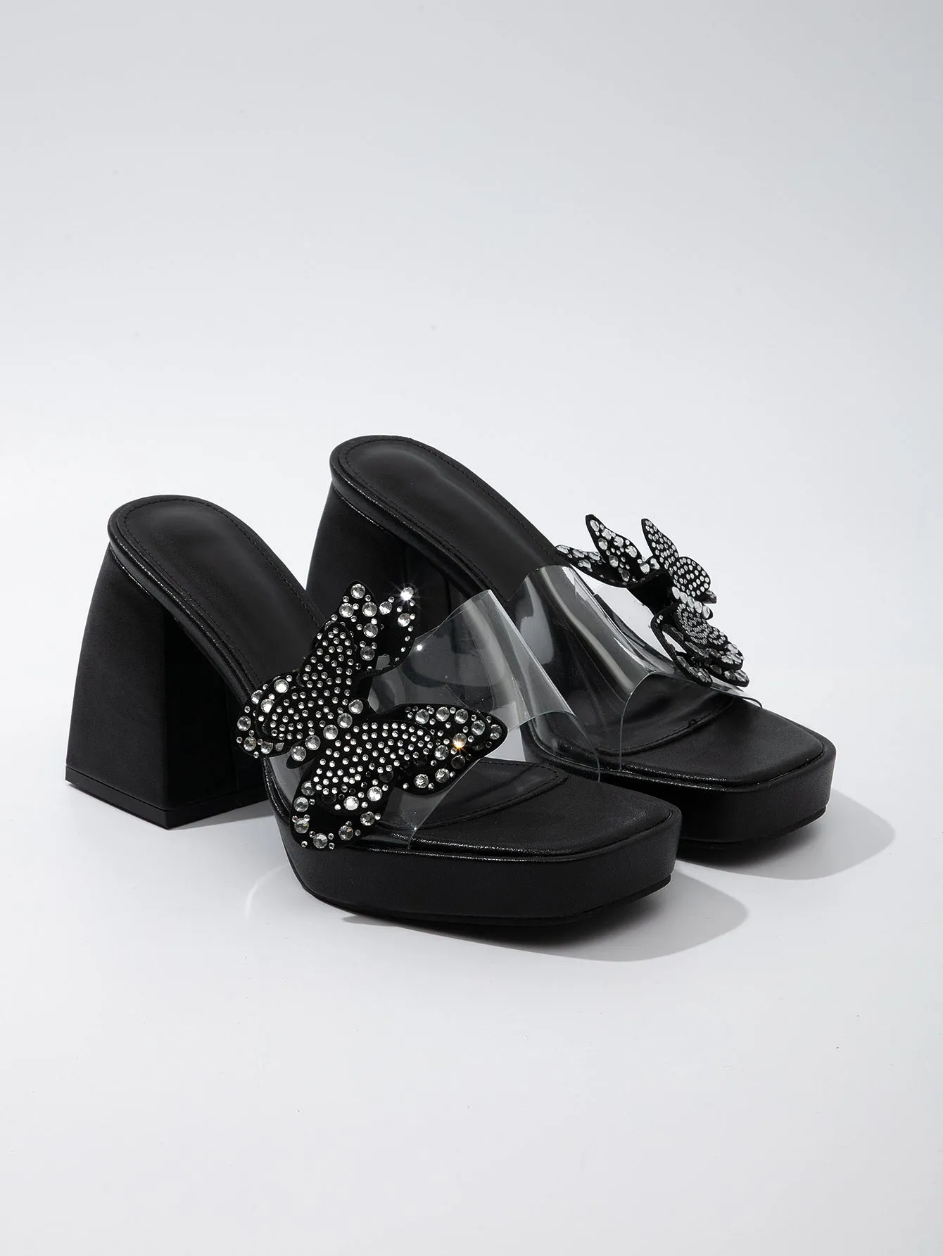 Rhinestone Bow Thick-Heeled High Heels