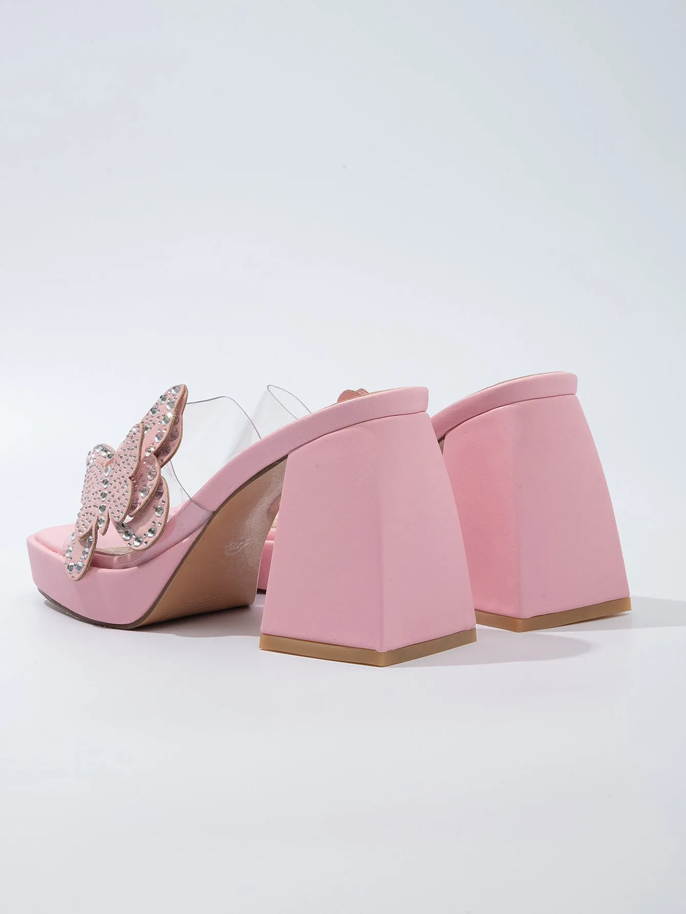 Rhinestone Bow Thick-Heeled High Heels