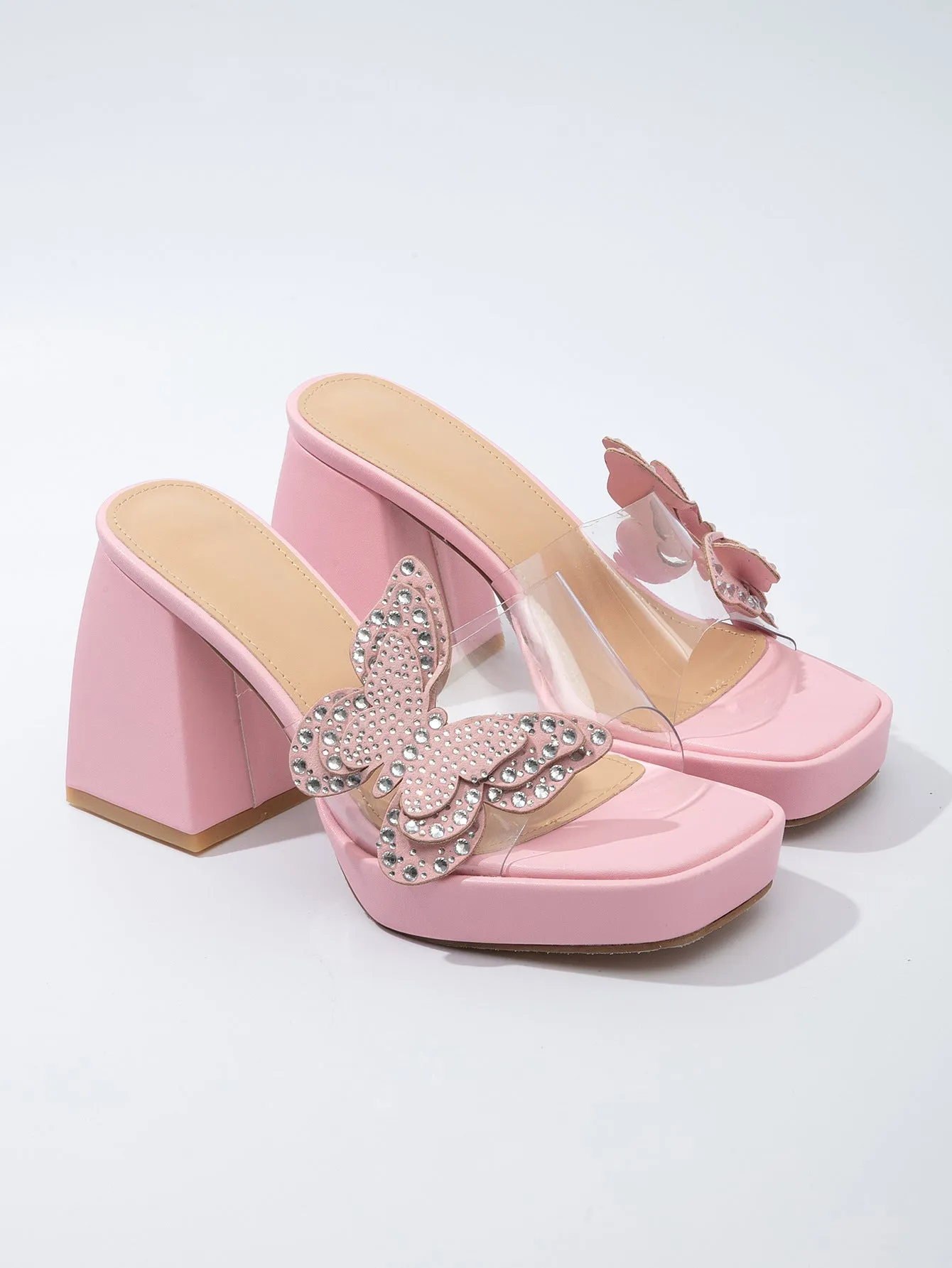 Rhinestone Bow Thick-Heeled High Heels