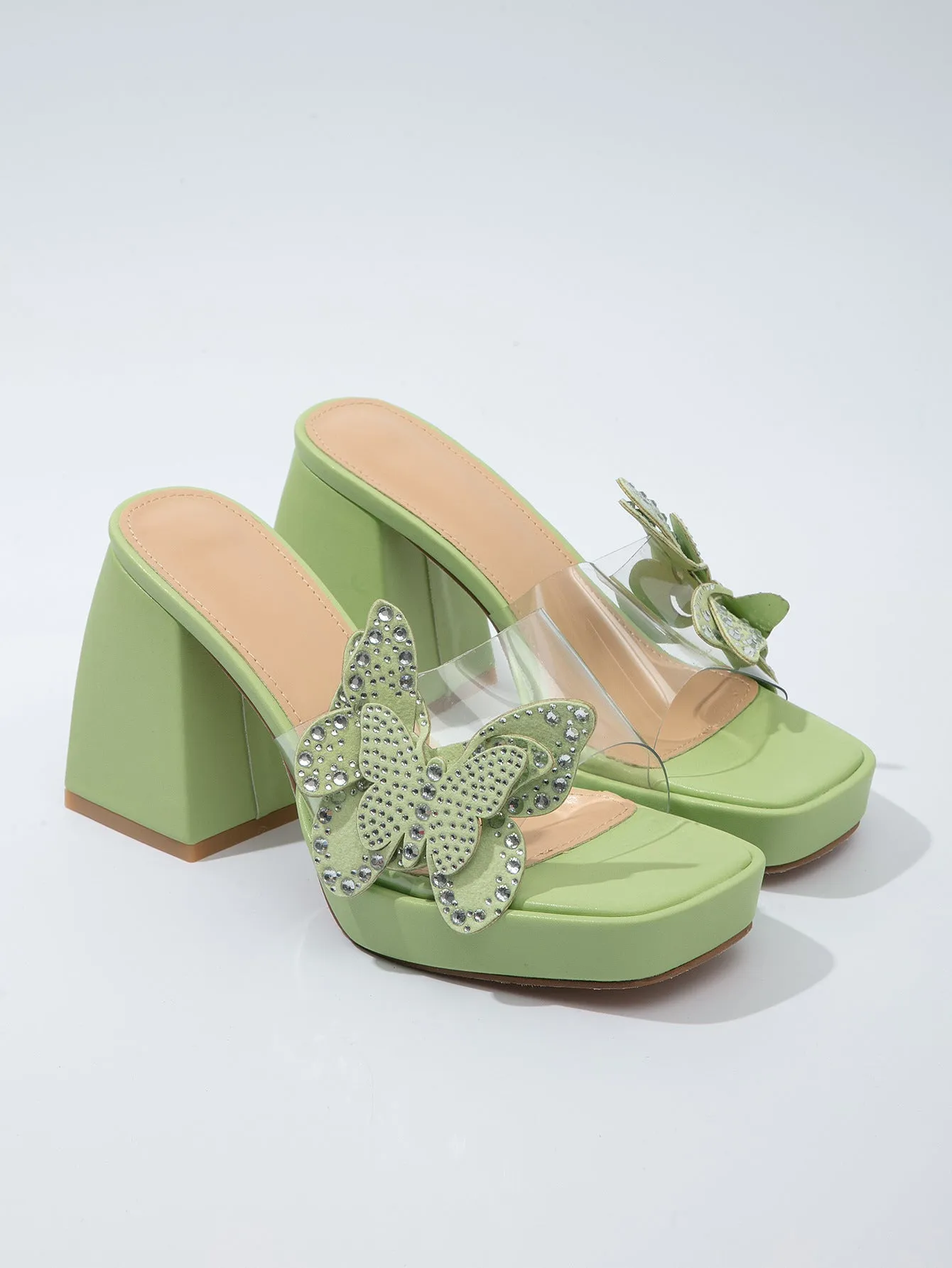 Rhinestone Bow Thick-Heeled High Heels