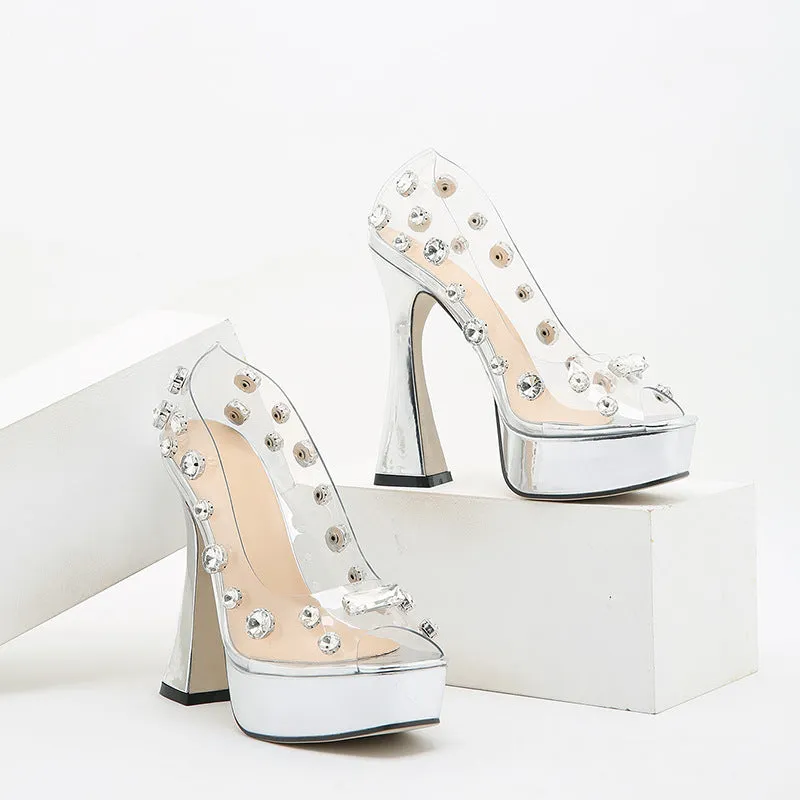 Rhinestone Decor Platform Heels