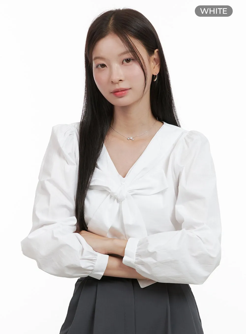 Ribbon-Tied V-Neck Blouse OG416