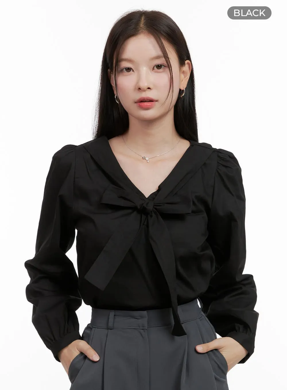 Ribbon-Tied V-Neck Blouse OG416