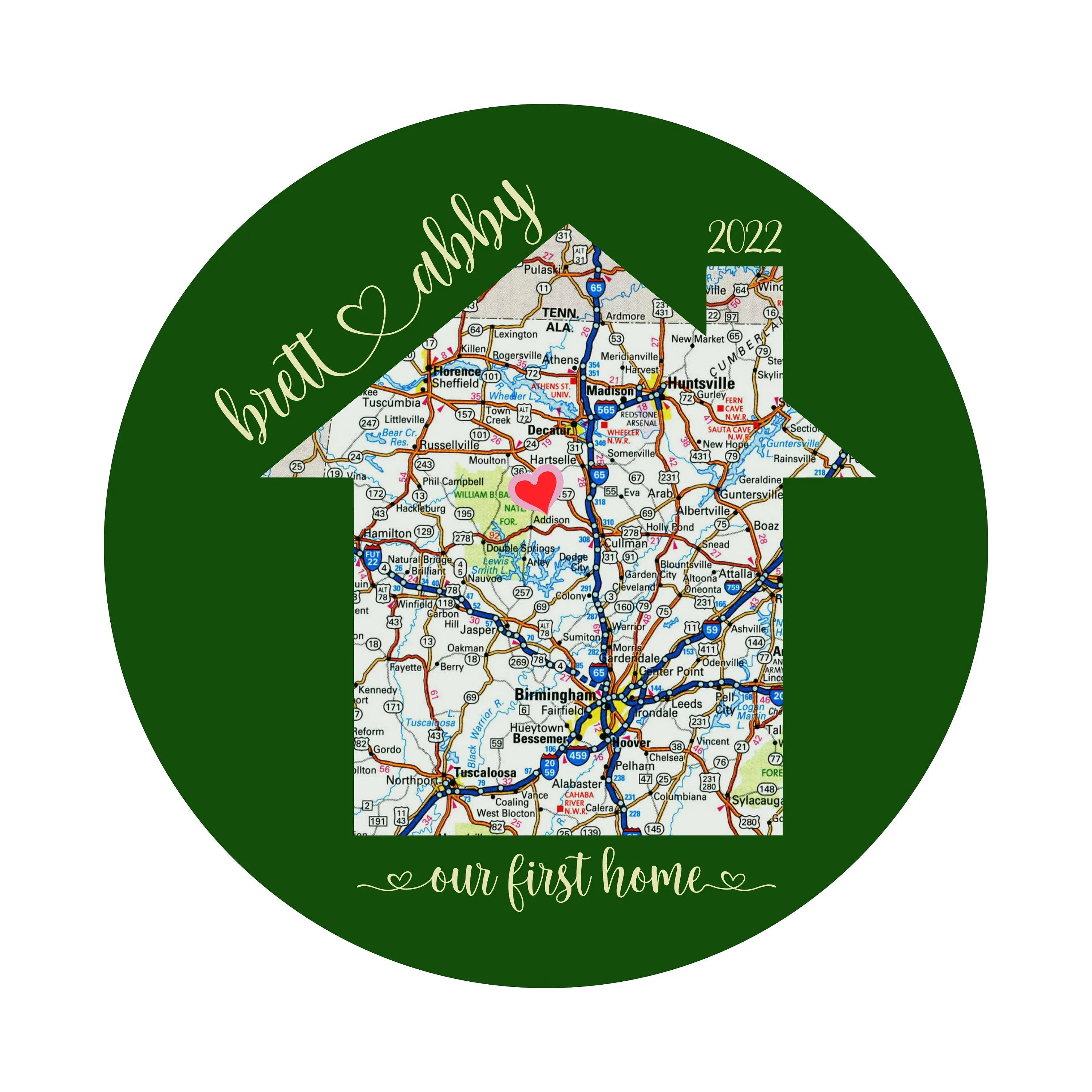Round or Square Metal Sign With Map, Location, Names and Year for First Houme