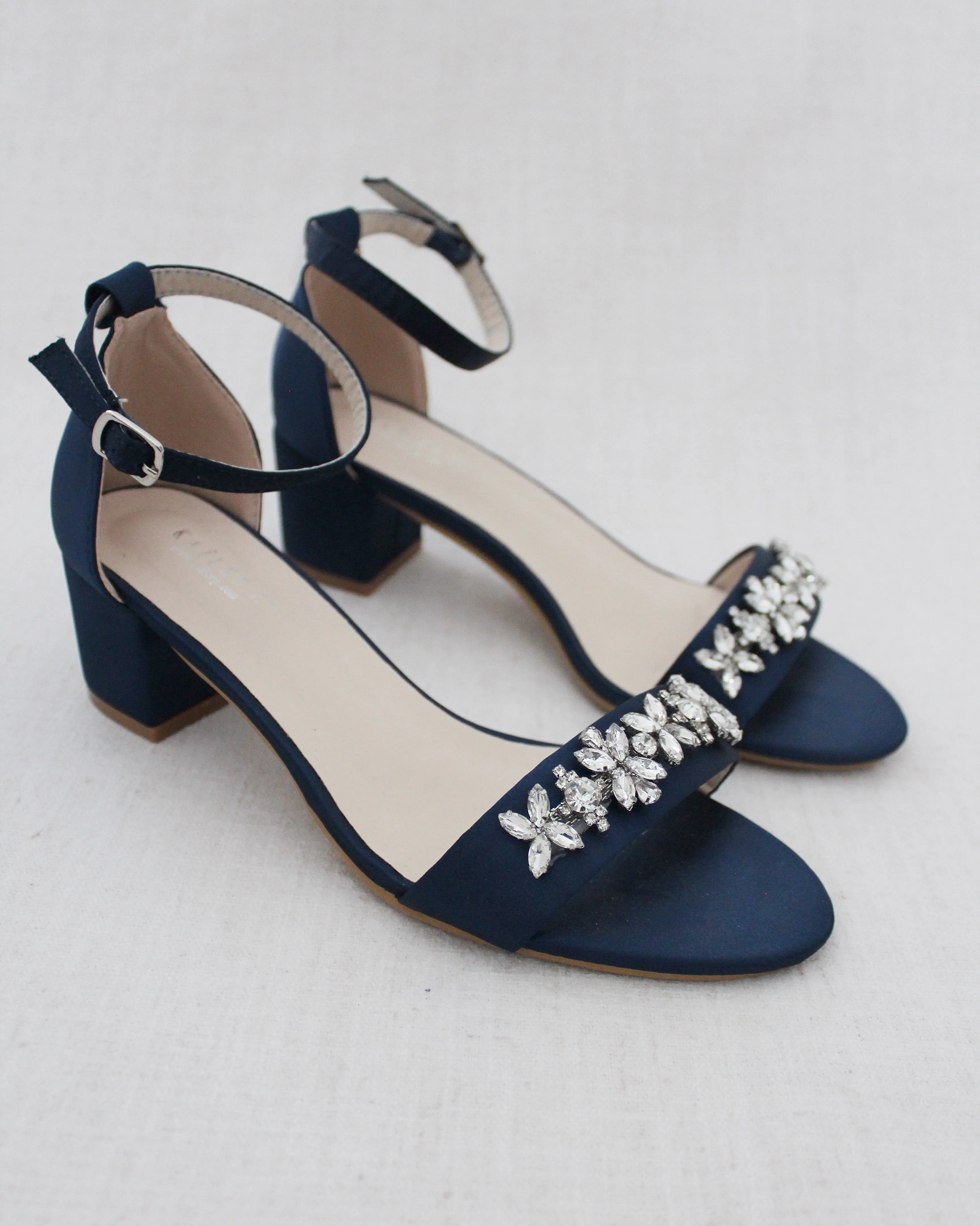 Satin Block Heel Sandals with Floral Rhinestones