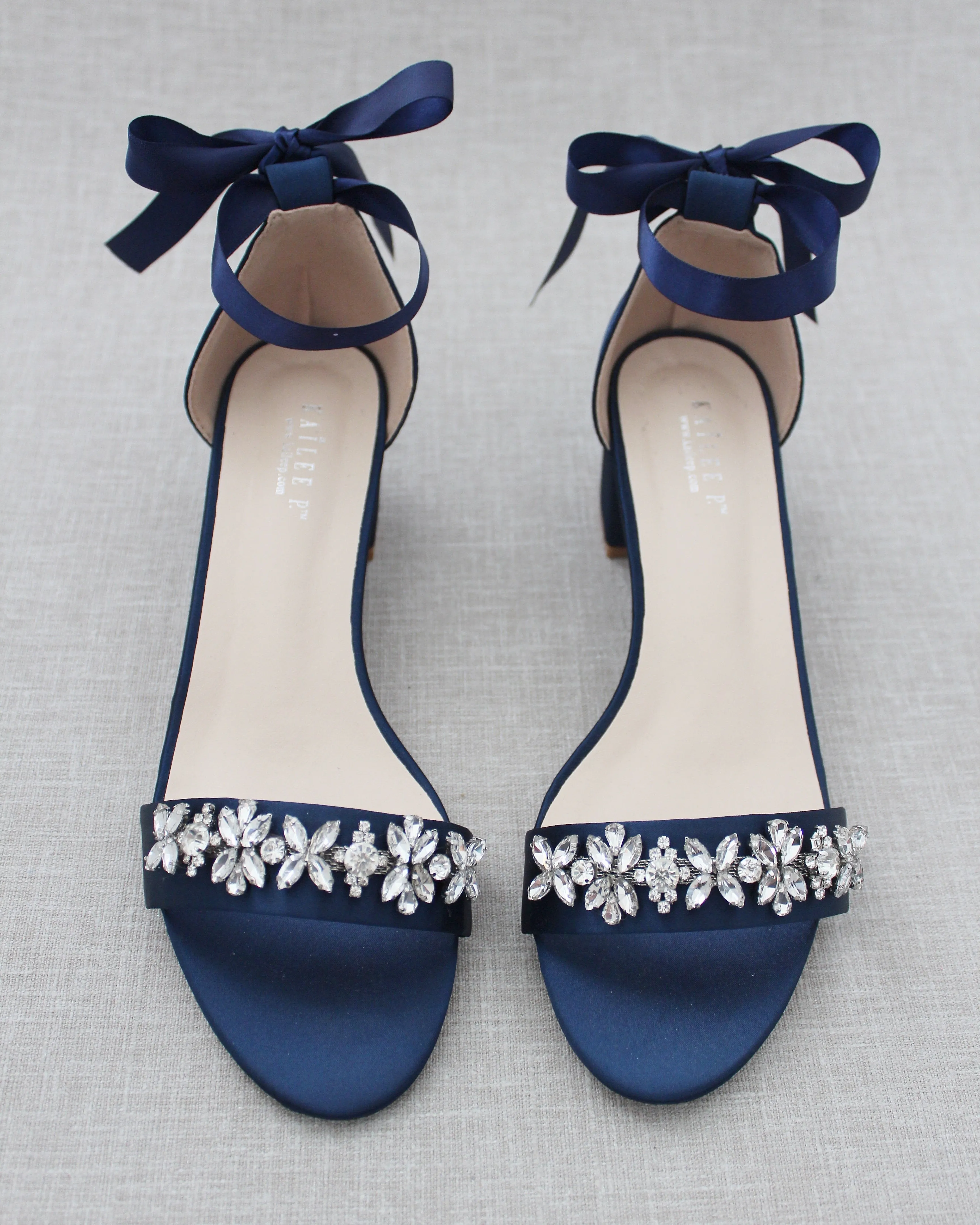 Satin Block Heel Sandals with Floral Rhinestones