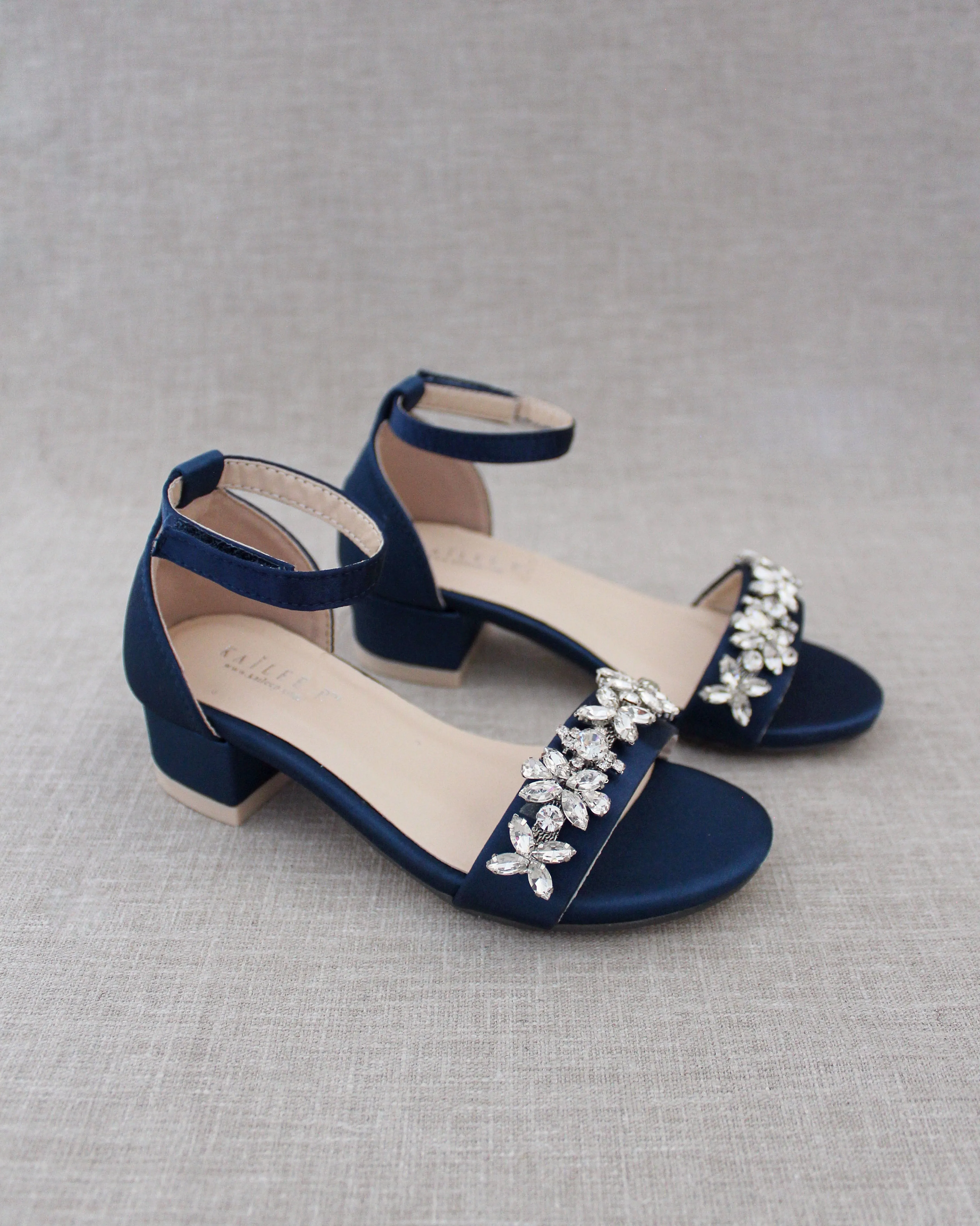 Satin Block Heel Sandals with Floral Rhinestones