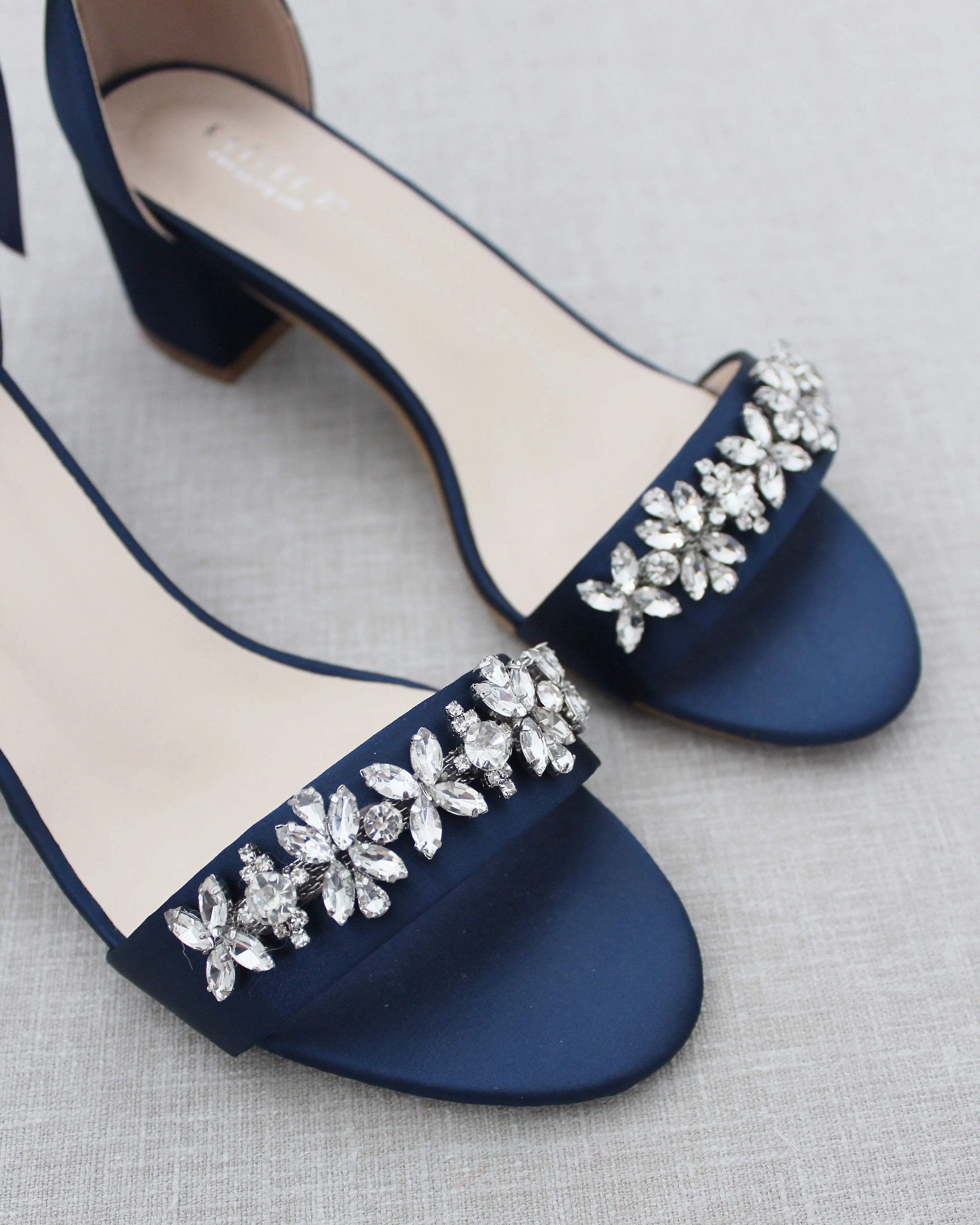 Satin Block Heel Sandals with Floral Rhinestones