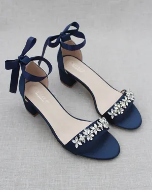 Satin Block Heel Sandals with Floral Rhinestones