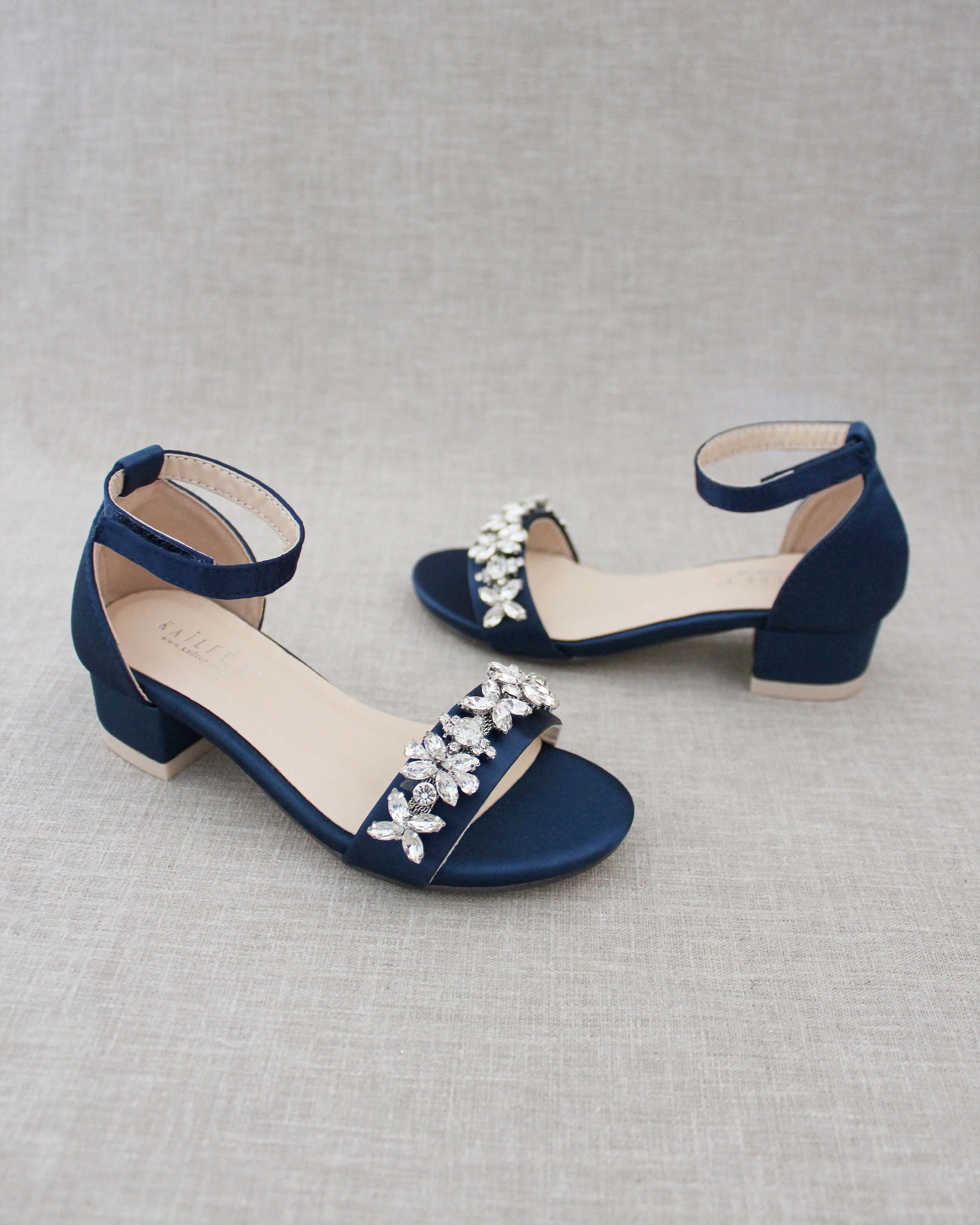 Satin Block Heel Sandals with Floral Rhinestones