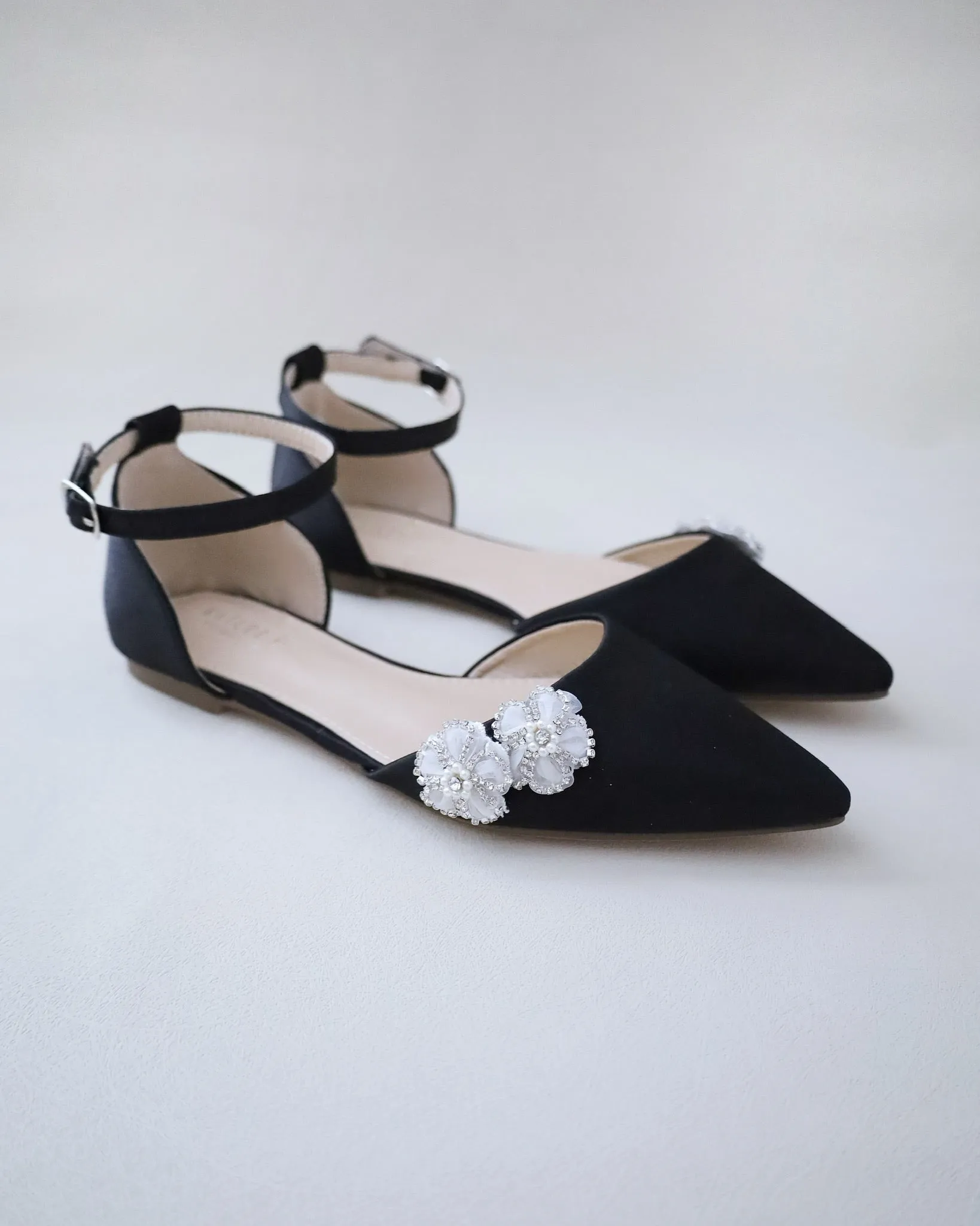Satin Pointy Toe Evening Flats with Rhinestones Chassia Flower