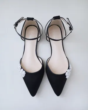 Satin Pointy Toe Evening Flats with Rhinestones Chassia Flower