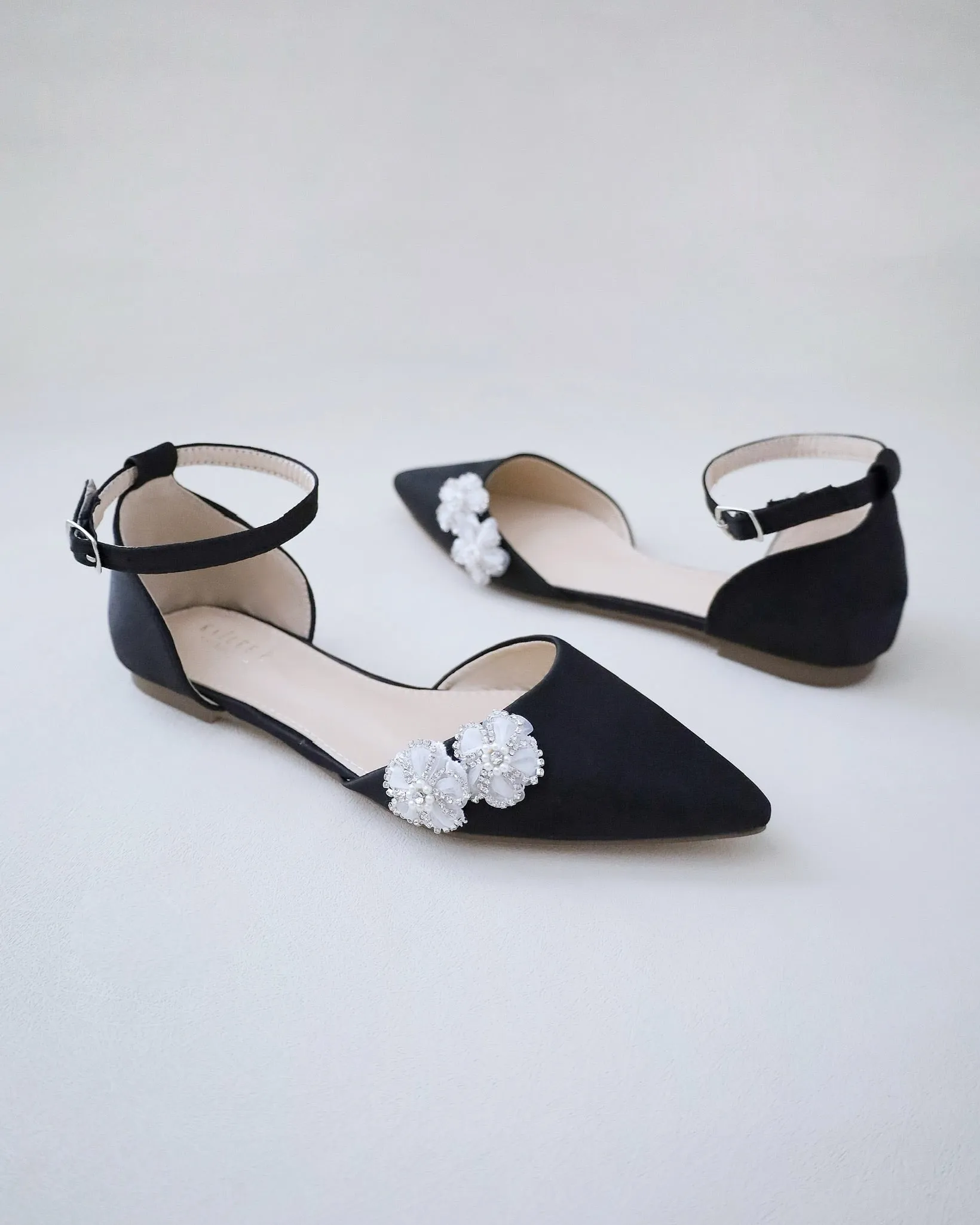 Satin Pointy Toe Evening Flats with Rhinestones Chassia Flower