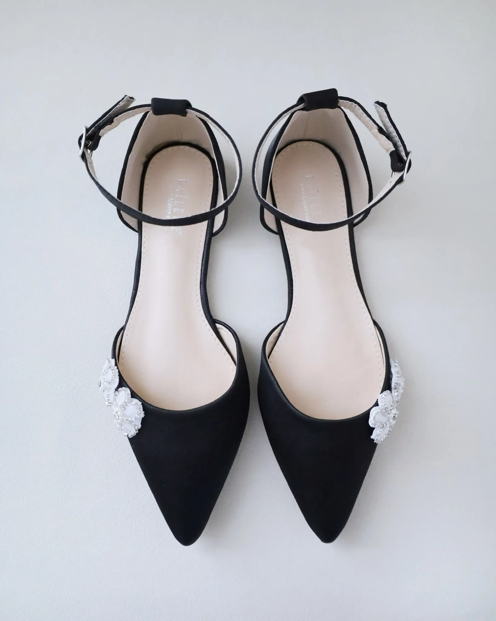Satin Pointy Toe Evening Flats with Rhinestones Chassia Flower