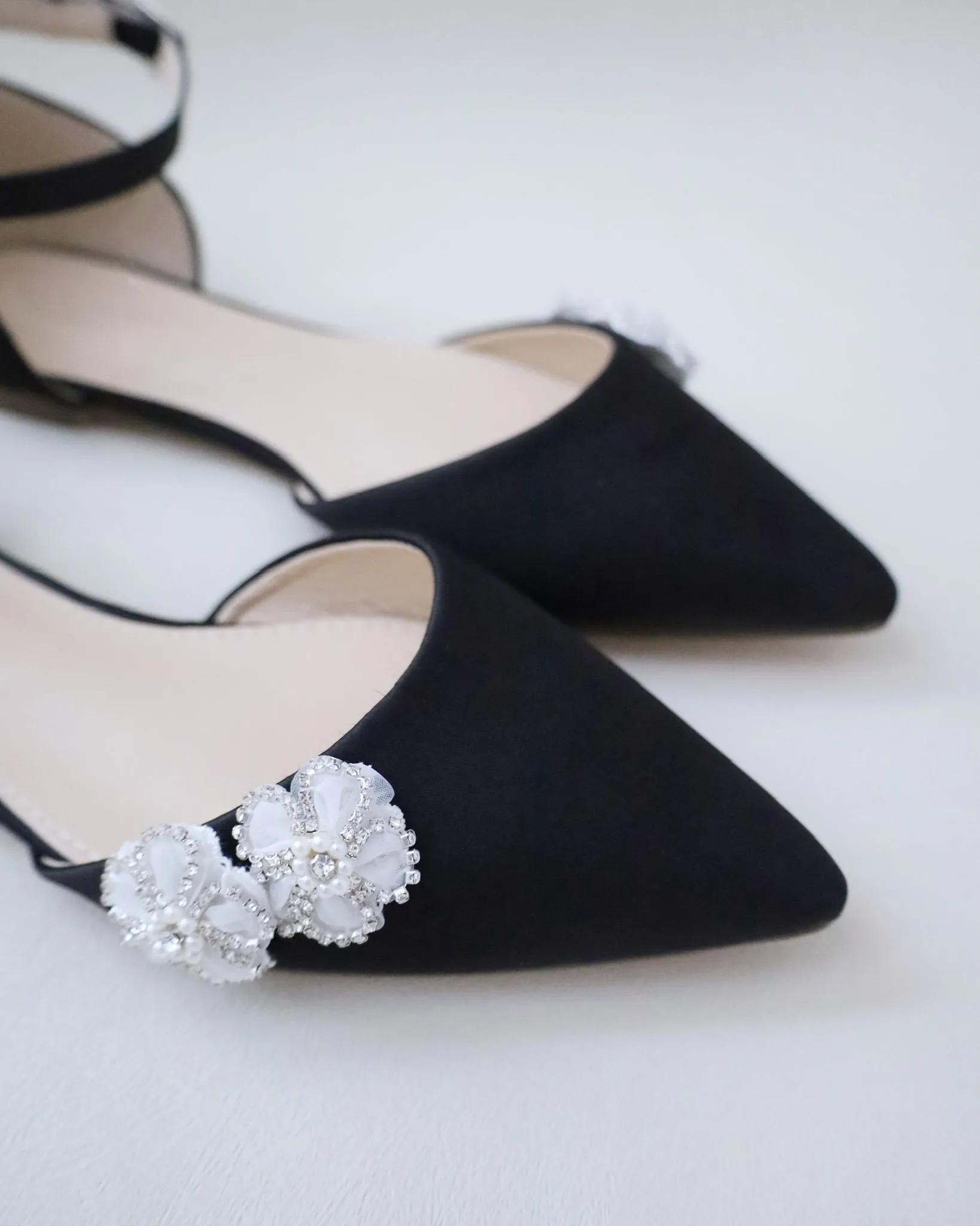 Satin Pointy Toe Evening Flats with Rhinestones Chassia Flower