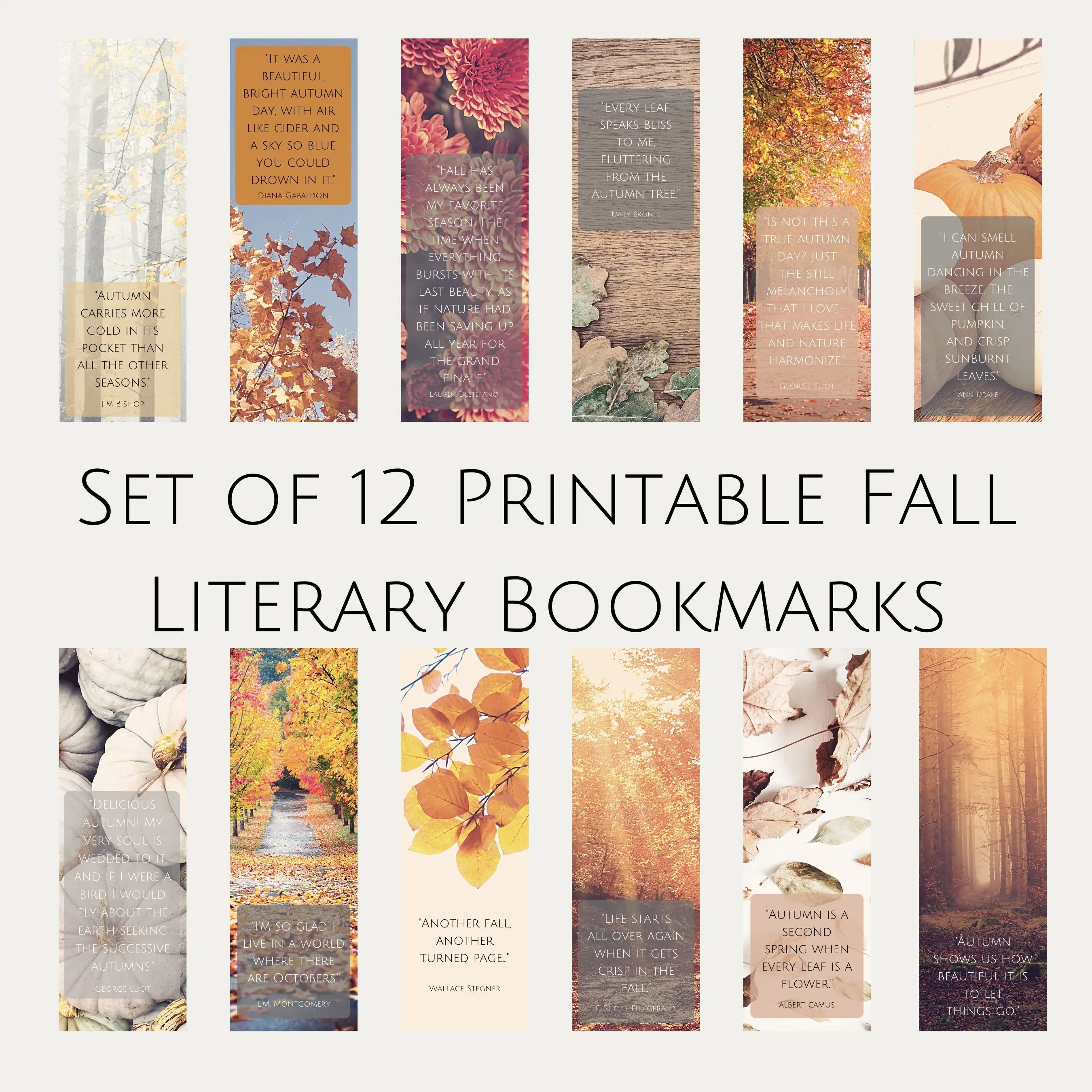 Set of 12 Printable Fall Literary Bookmarks