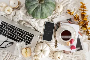 Smartphone, Green Pumpkin & Tea. Digital Stock Image.