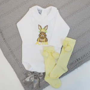 Spring Beige Floral Bunny Embroidered Personalised Babygrow