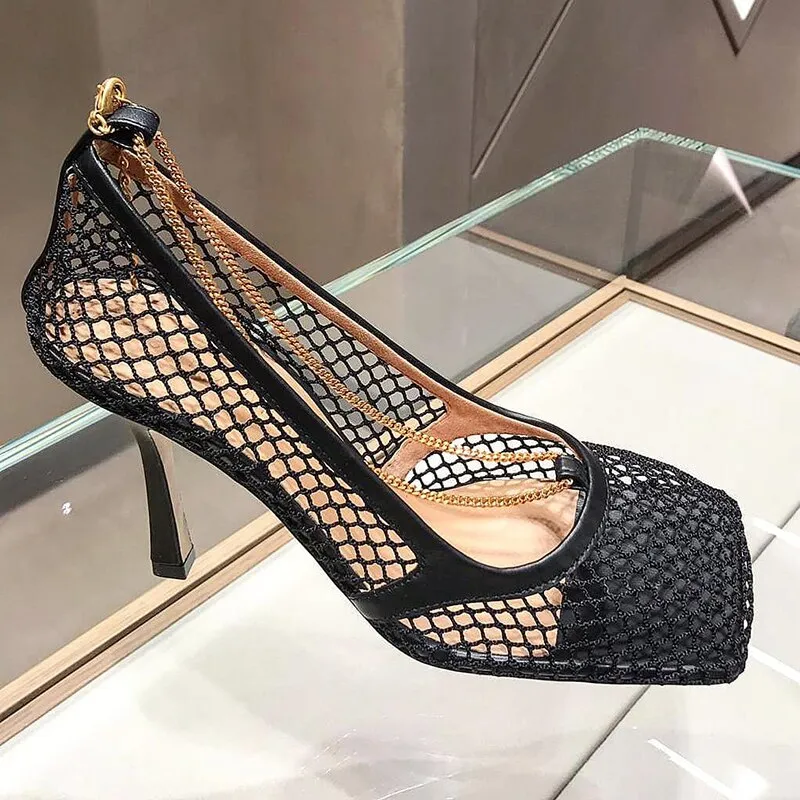 Square Toe Shallow Mesh Hollow Out Chains Sandals