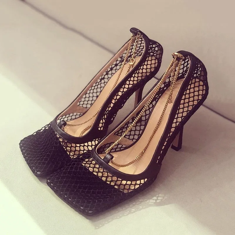 Square Toe Shallow Mesh Hollow Out Chains Sandals