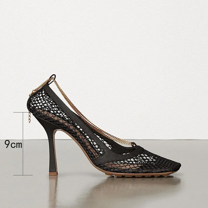 Square Toe Shallow Mesh Hollow Out Chains Sandals